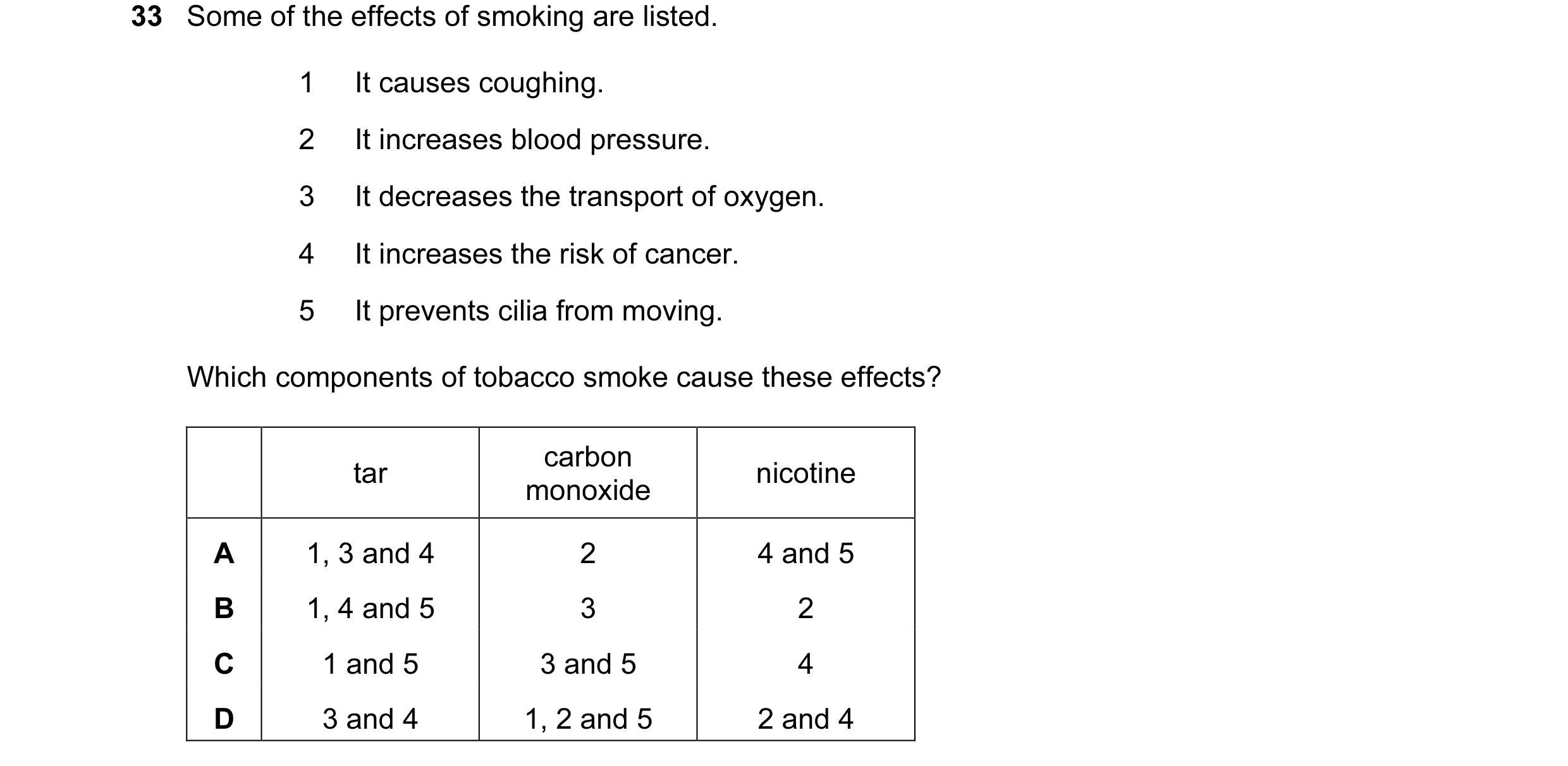 Question 62: Some of the effects of smoking are listed. 1 It causes coughing. 2 It increases blood pressure. 3 It decreases the transport of oxygen. 4 I…