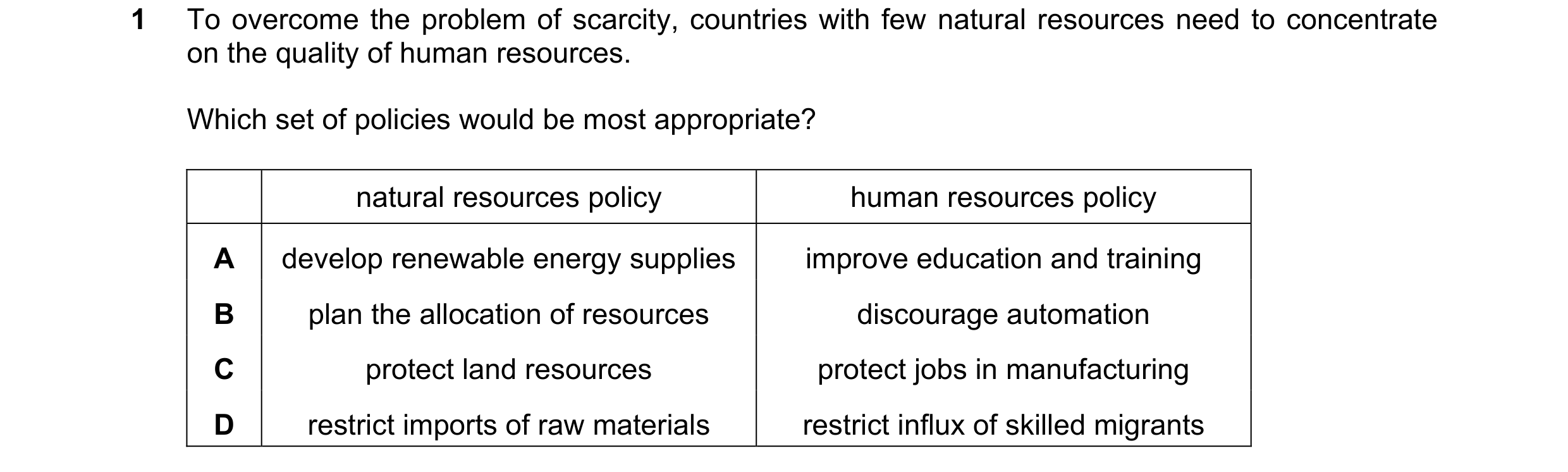 Question 76: To overcome the problem of scarcity, countries with few natural resources need to concentrate on the quality of human resources. Which set …