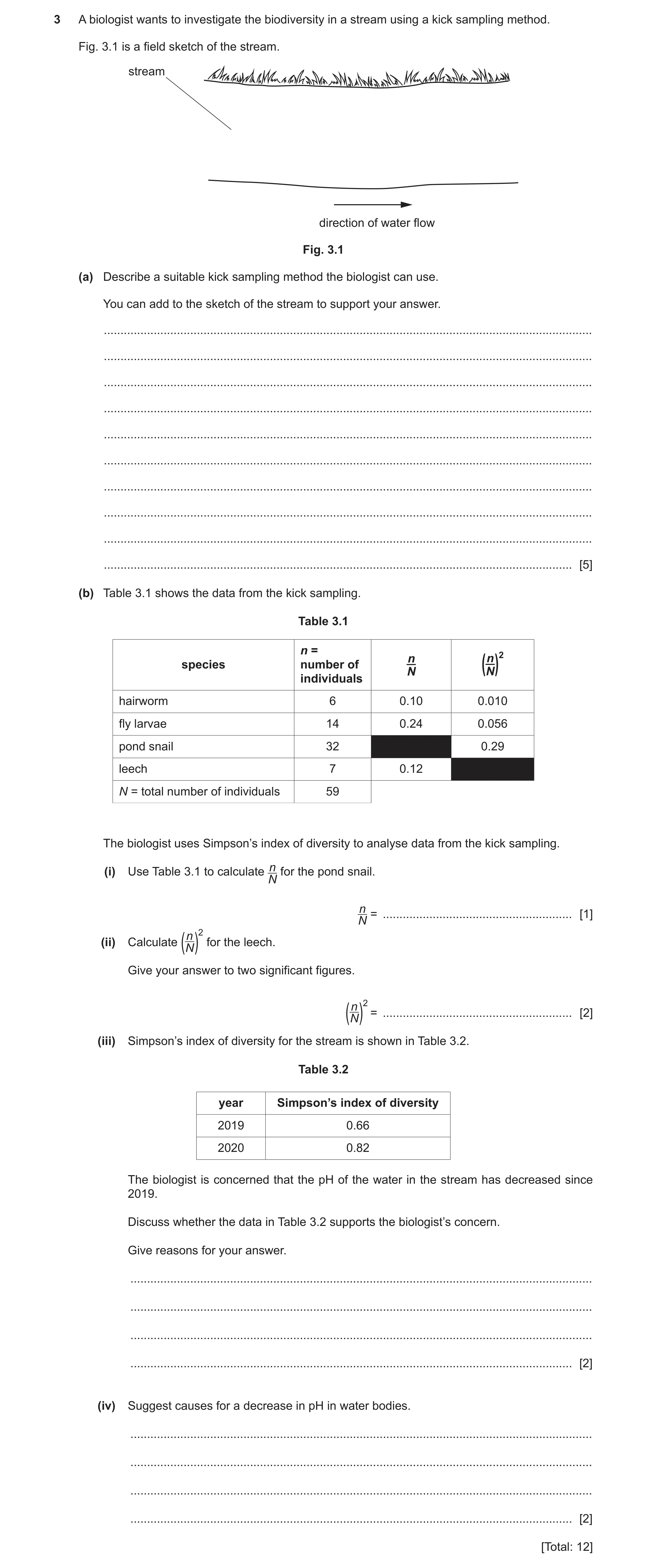 Question 9: A biologist wants to investigate the biodiversity in a stream using a kick sampling method. Fig. 3.1 is a field sketch of the stream. strea…