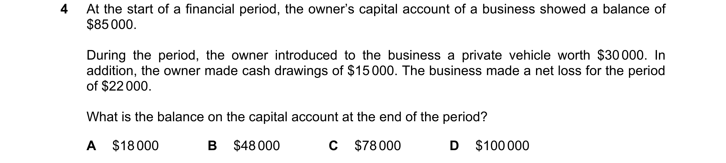 Question 747: At the start of a financial period, the owner’s capital account of a business showed a balance of $85 000. During the period, the owner int…