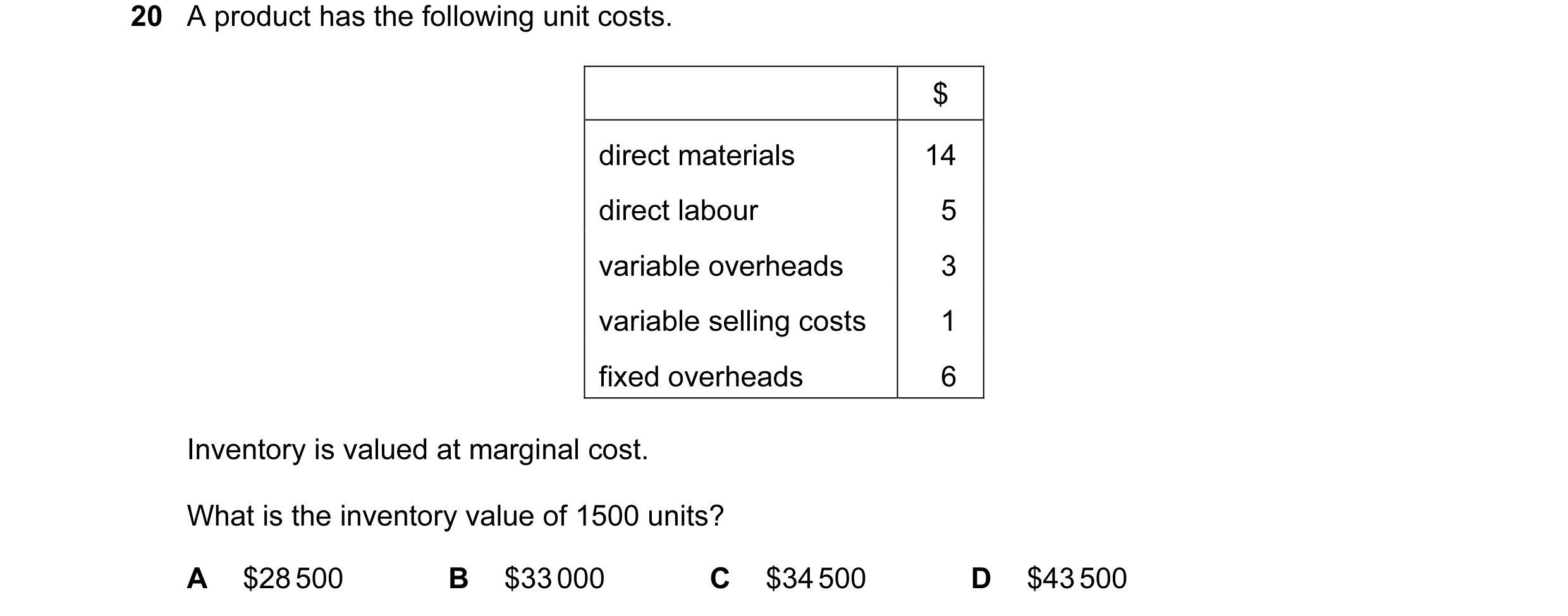 Question 83: A product has the following unit costs. $ direct materials 14 direct labour 5 variable overheads 3 variable selling costs 1 fixed overheads…