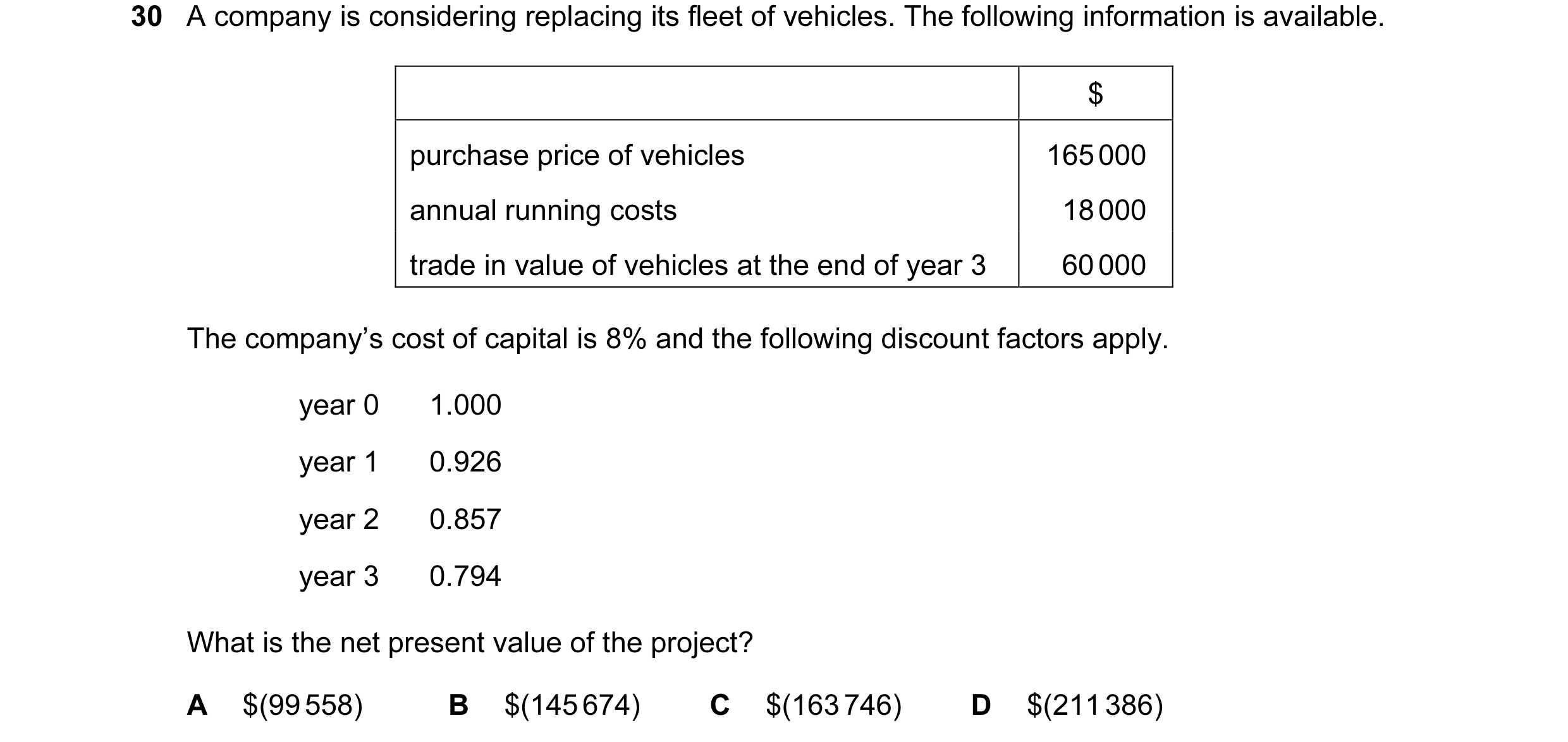 Question 46: A company is considering replacing its fleet of vehicles. The following information is available. $ purchase price of vehicles 165 000 annu…