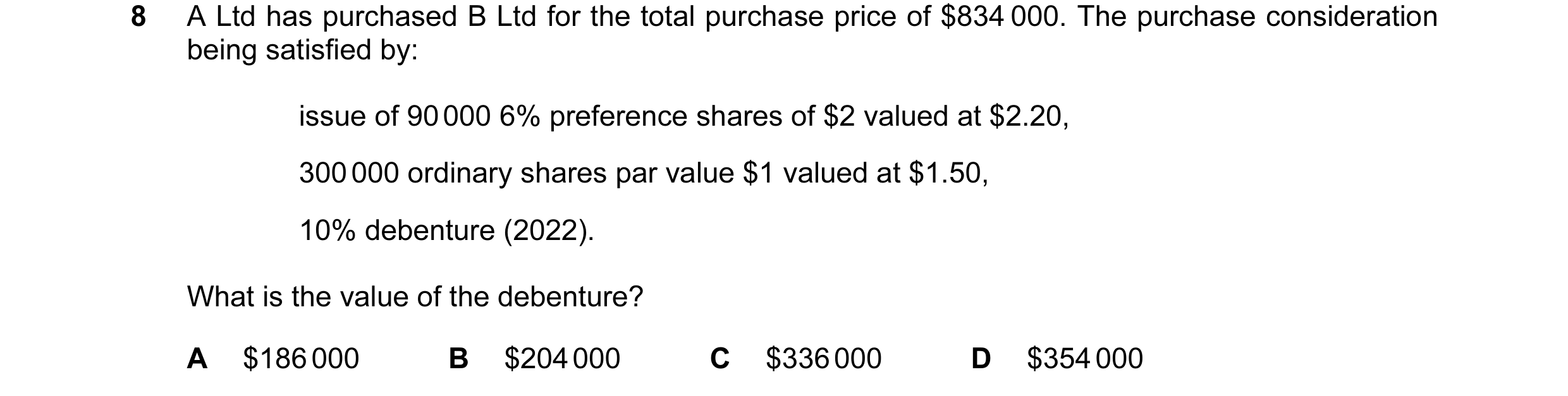 Question 60: A Ltd has purchased B Ltd for the total purchase price of $834 000. The purchase consideration being satisfied by: issue of 90 000 6% prefe…