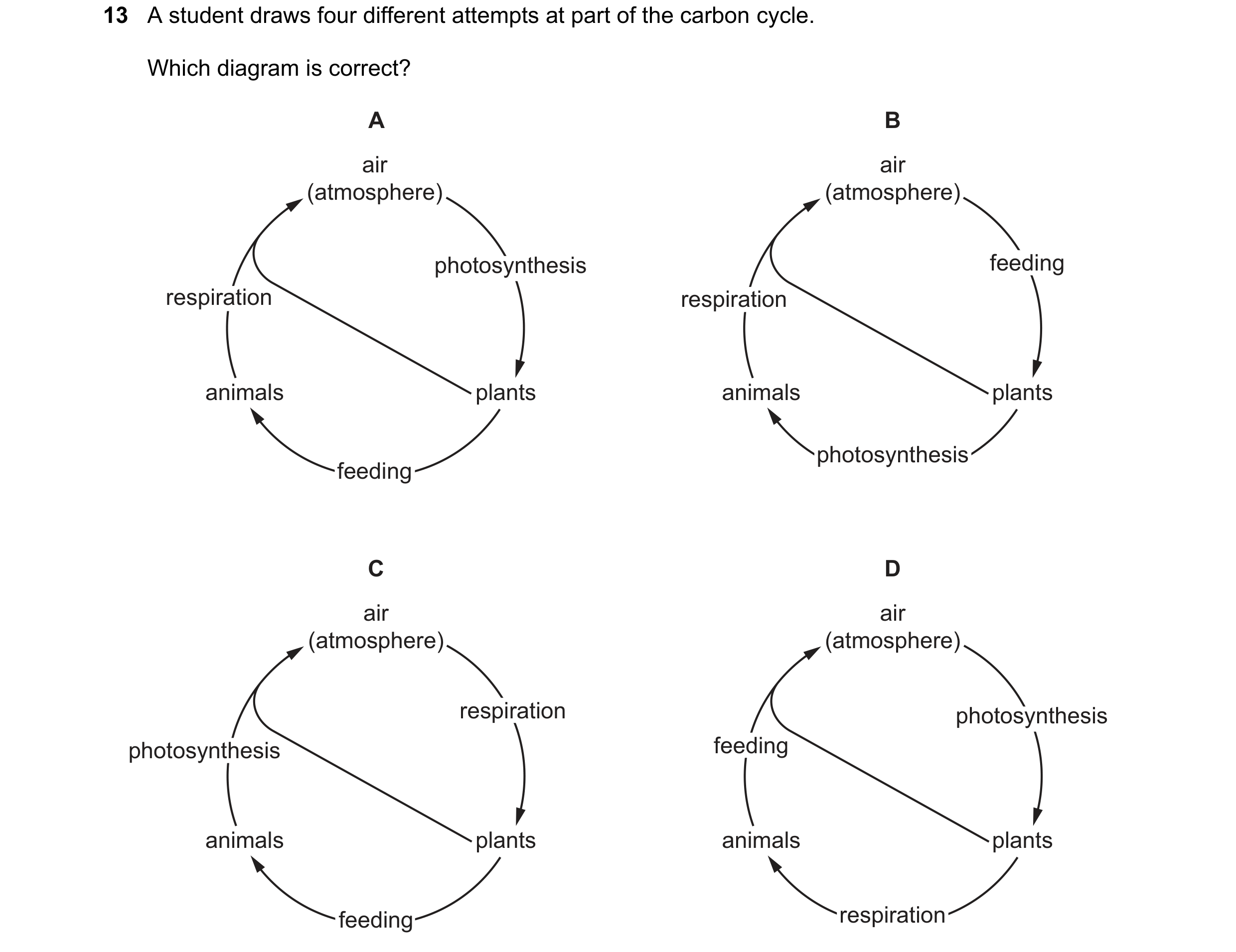 Question 46: A student draws four different attempts at part of the carbon cycle. Which diagram is correct? A B air air (atmosphere) (atmosphere) photos…