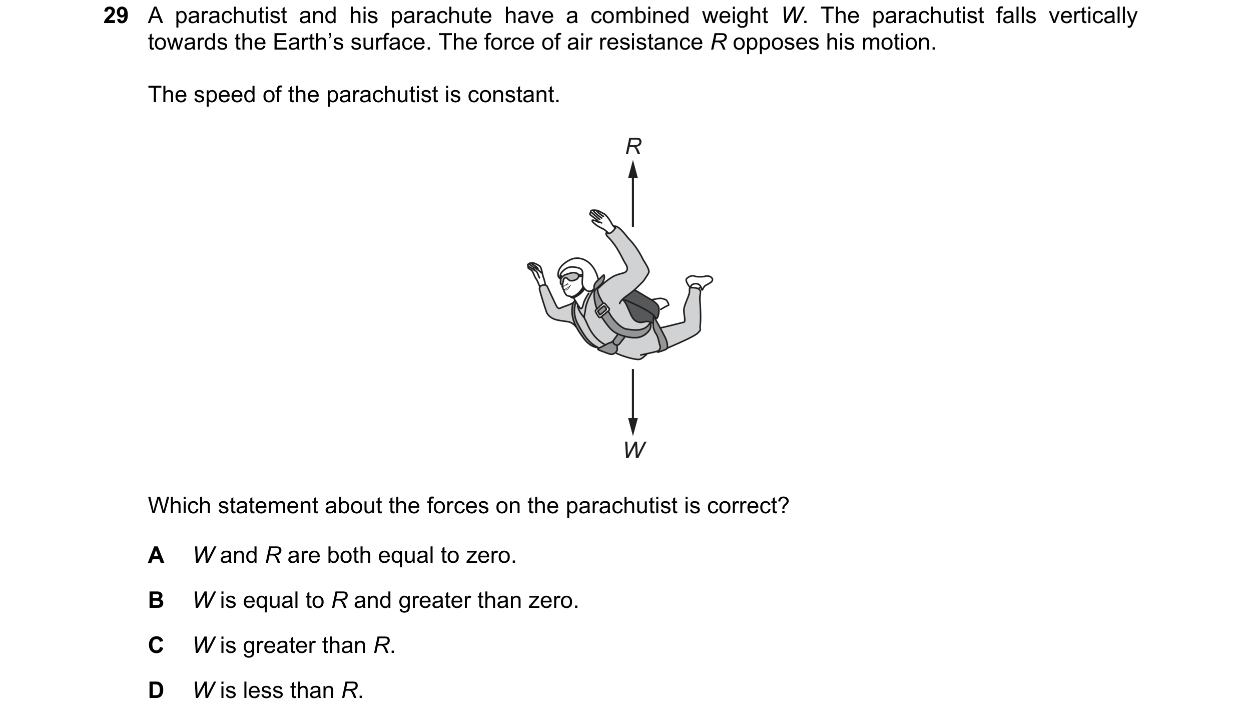 Question 53: A parachutist and his parachute have a combined weight W. The parachutist falls vertically towards the Earth’s surface. The force of air re…