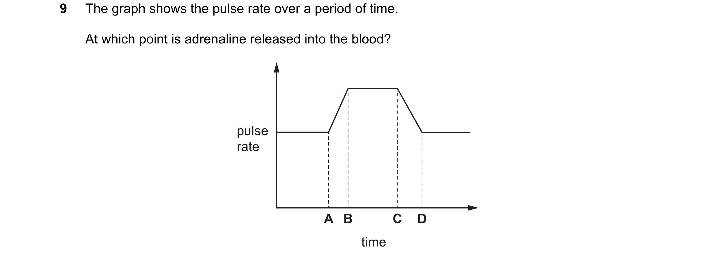 Question 30: The graph shows the pulse rate over a period of time. At which point is adrenaline released into the blood? pulse rate A B C D time