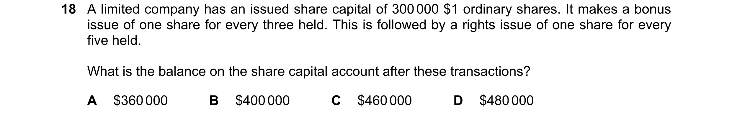 Question 208: A limited company has an issued share capital of 300 000 $1 ordinary shares. It makes a bonus issue of one share for every three held. This…