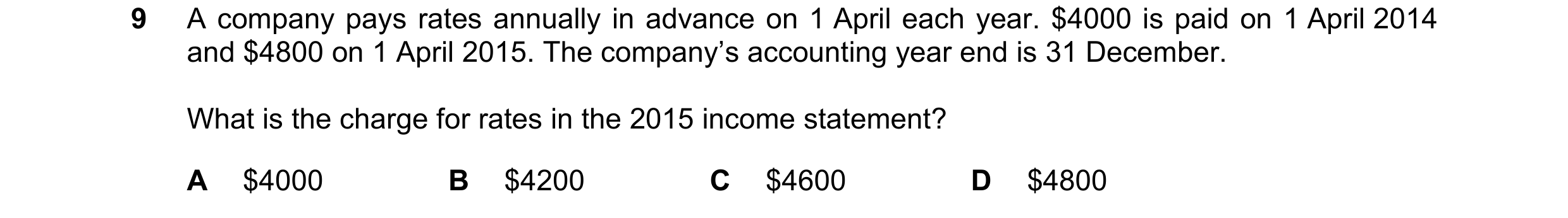 Question 512: A company pays rates annually in advance on 1 April each year. $4000 is paid on 1 April 2014 and $4800 on 1 April 2015. The company’s accou…