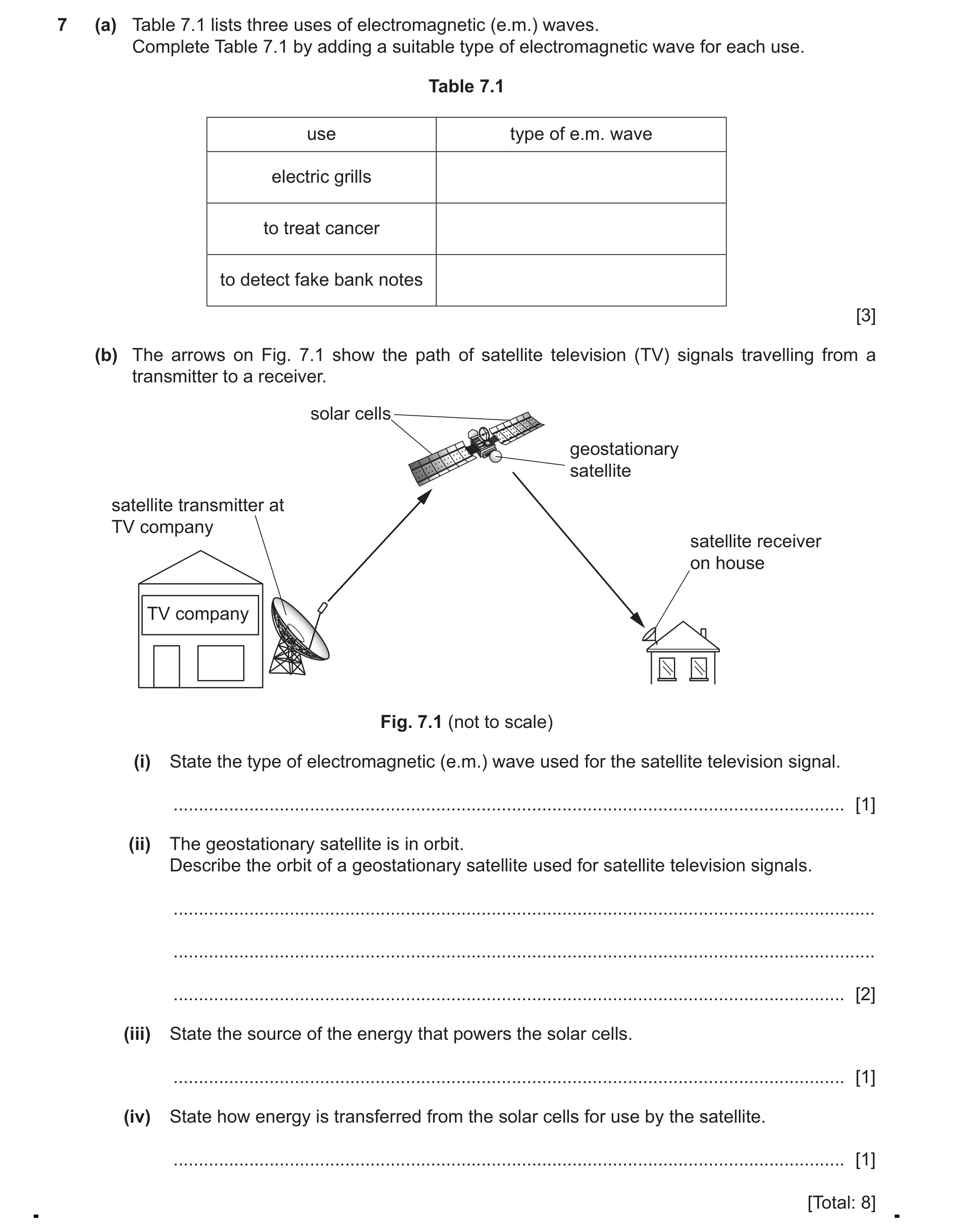 Question 39: (a) Table 7.1 lists three uses of electromagnetic (e.m.) waves. Complete Table 7.1 by adding a suitable type of electromagnetic wave for ea…