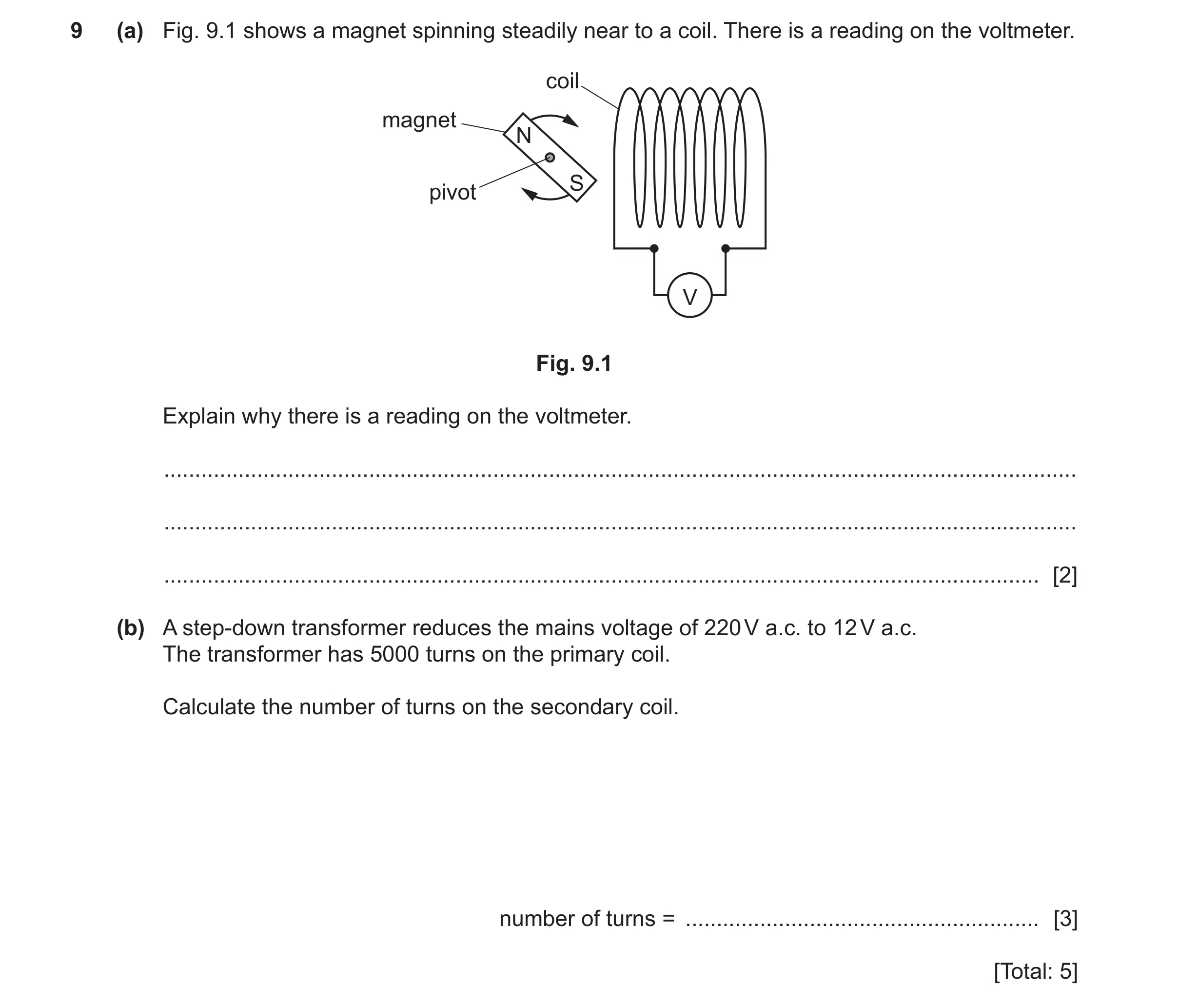 Question 61: (a) Fig. 9.1 shows a magnet spinning steadily near to a coil. There is a reading on the voltmeter. coil magnet N S pivot V Fig. 9.1 Explain…