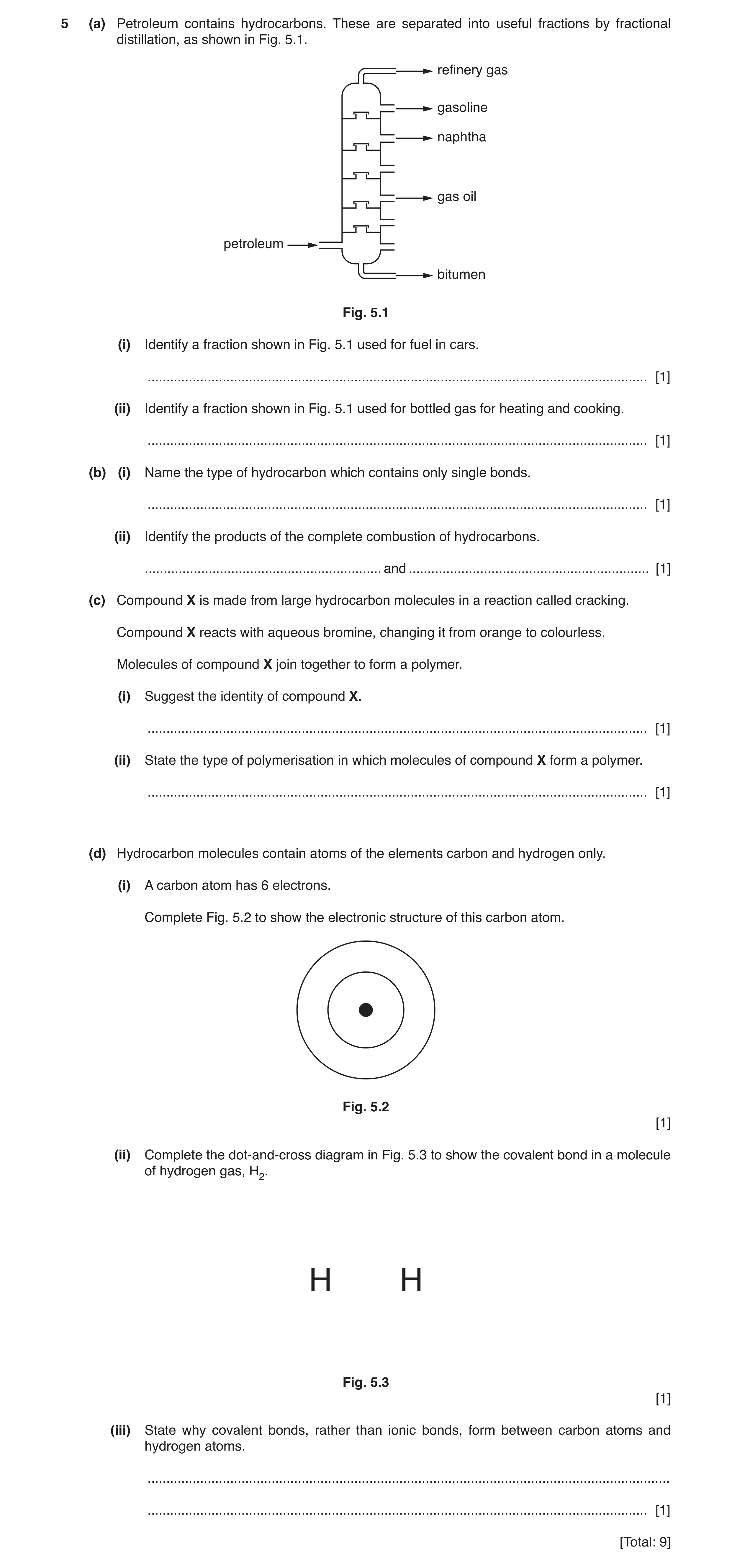Question 8: (a) Petroleum contains hydrocarbons. These are separated into useful fractions by fractional distillation, as shown in Fig. 5.1. refinery g…