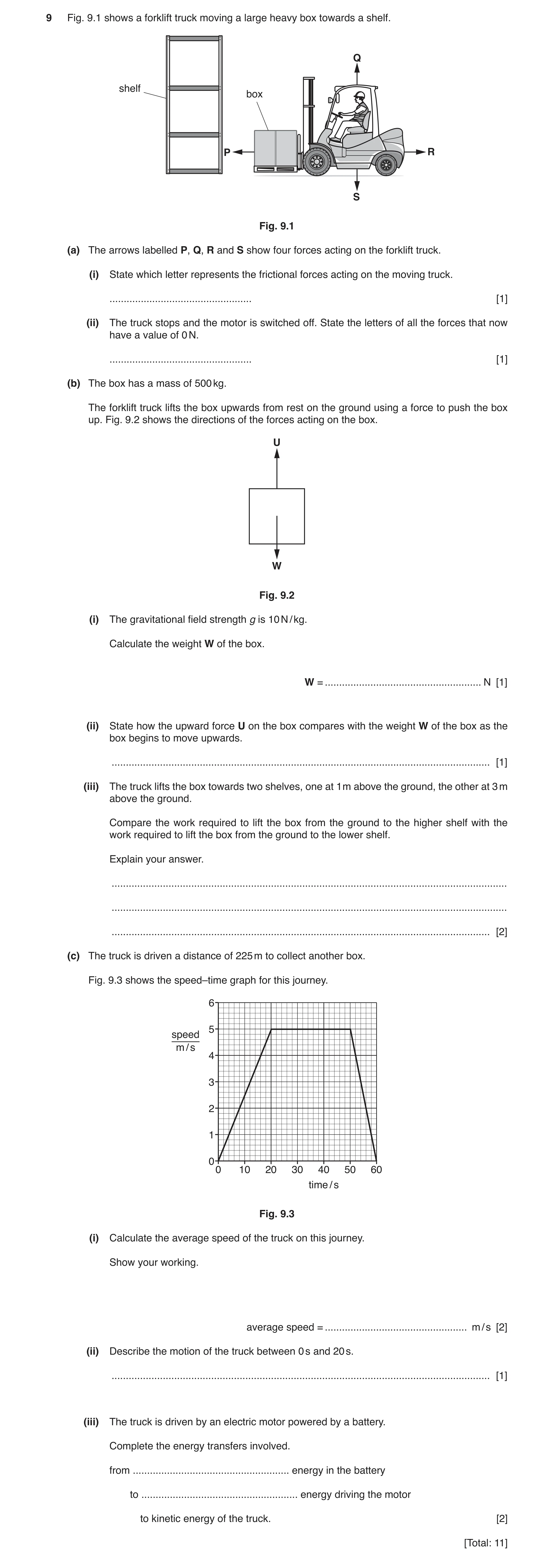 Question 13: Fig. 9.1 shows a forklift truck moving a large heavy box towards a shelf. Q shelf box P R S Fig. 9.1 (a) The arrows labelled P, Q, R and S …