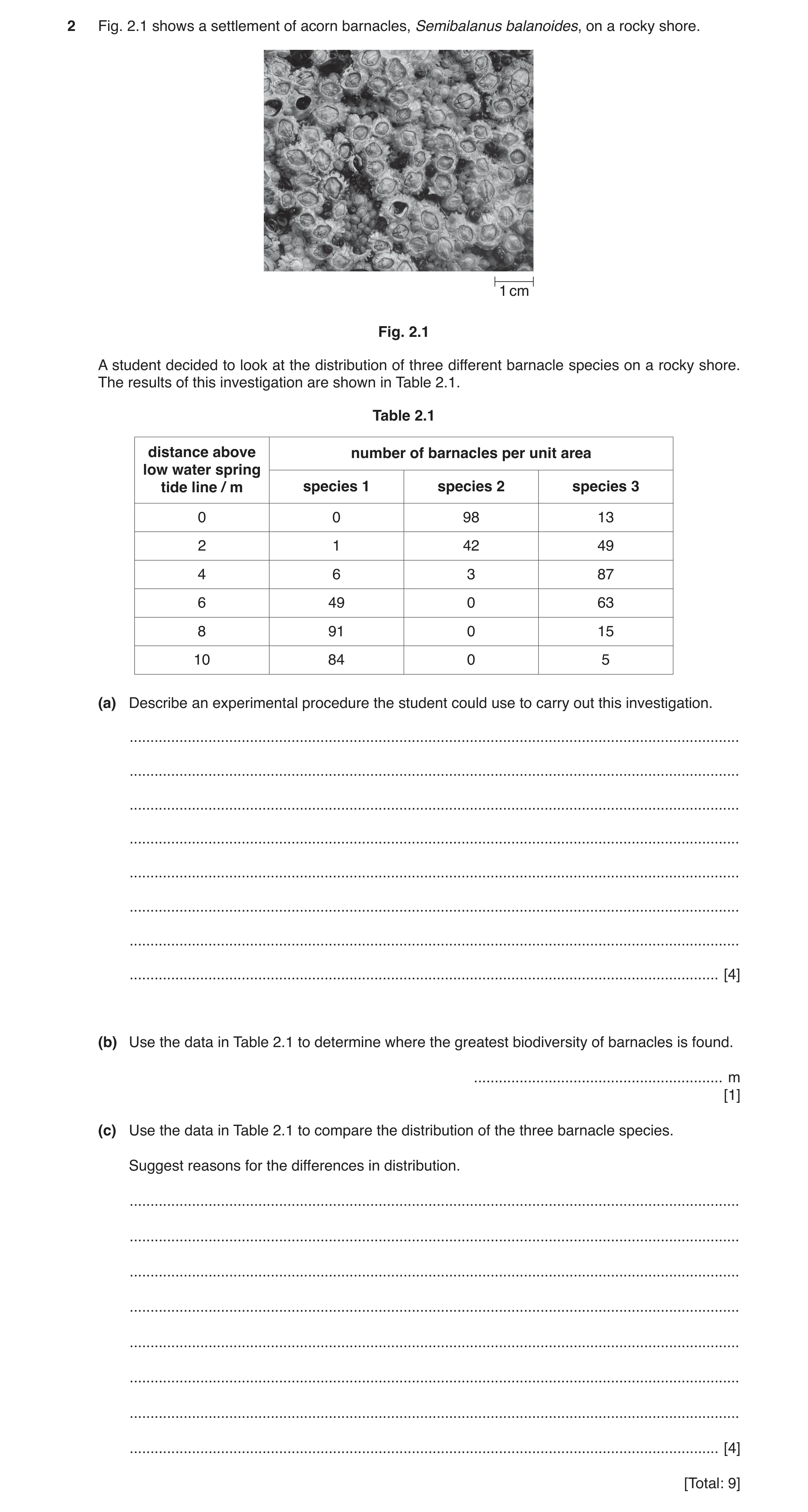 Question 9: Fig. 2.1 shows a settlement of acorn barnacles, Semibalanus balanoides, on a rocky shore. 1 cm Fig. 2.1 A student decided to look at the di…