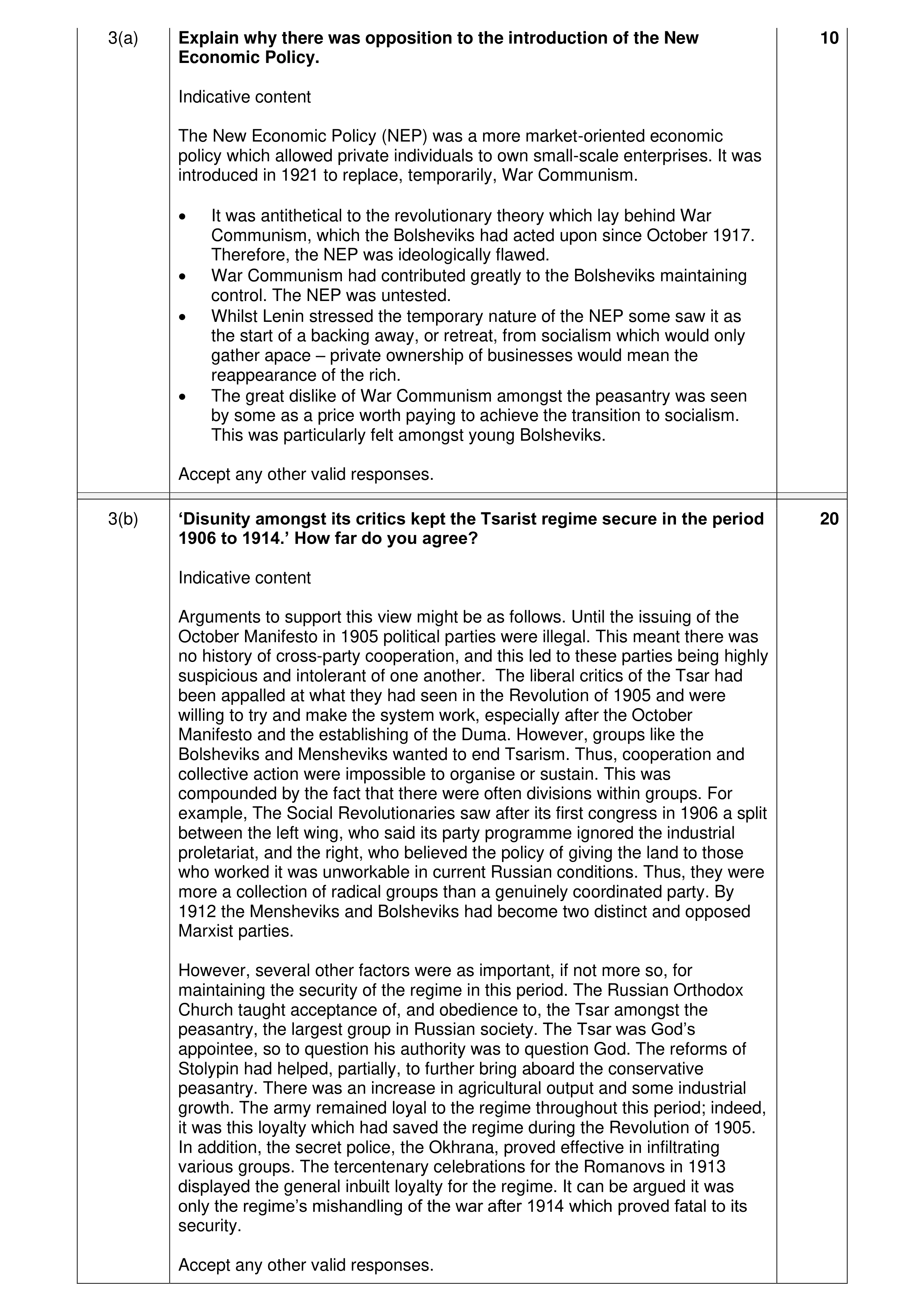 Mark scheme for question 8