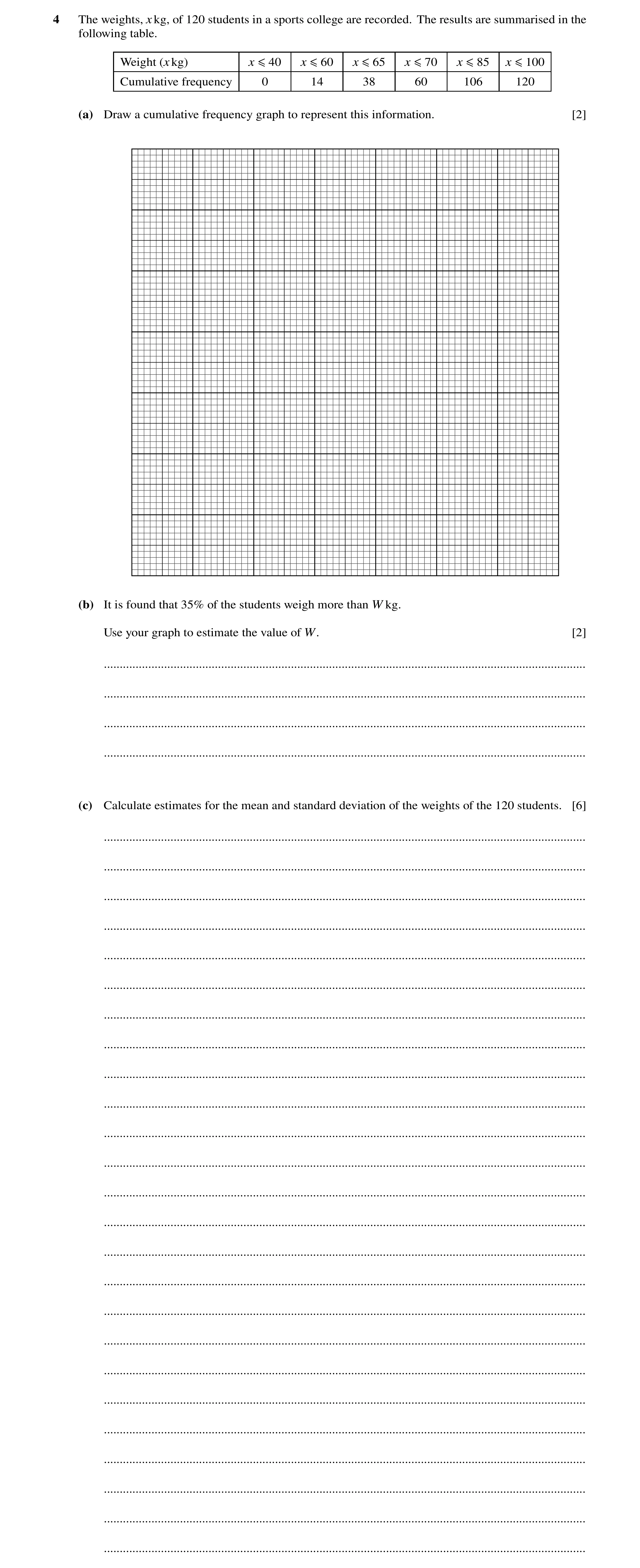 Question 34: The weights, xkg, of 120 students in a sports college are recorded. The results are summarised in the following table. Weight (xkg) x ≤40 x…