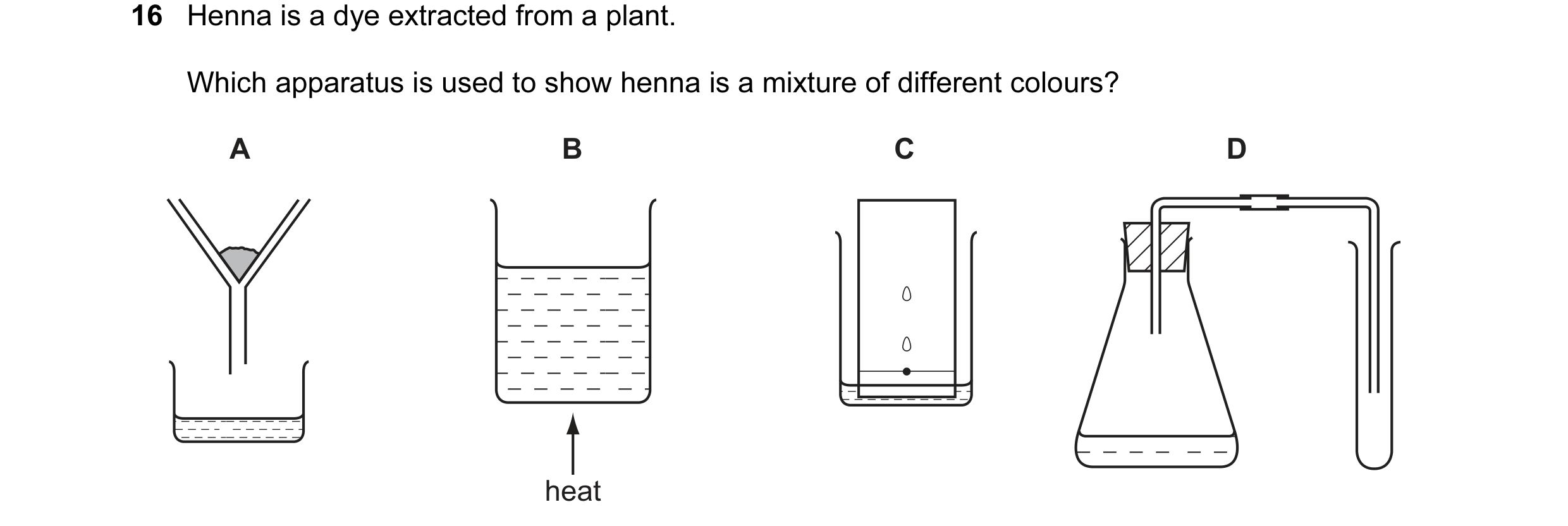 Question 13: Henna is a dye extracted from a plant. Which apparatus is used to show henna is a mixture of different colours? A B C D heat