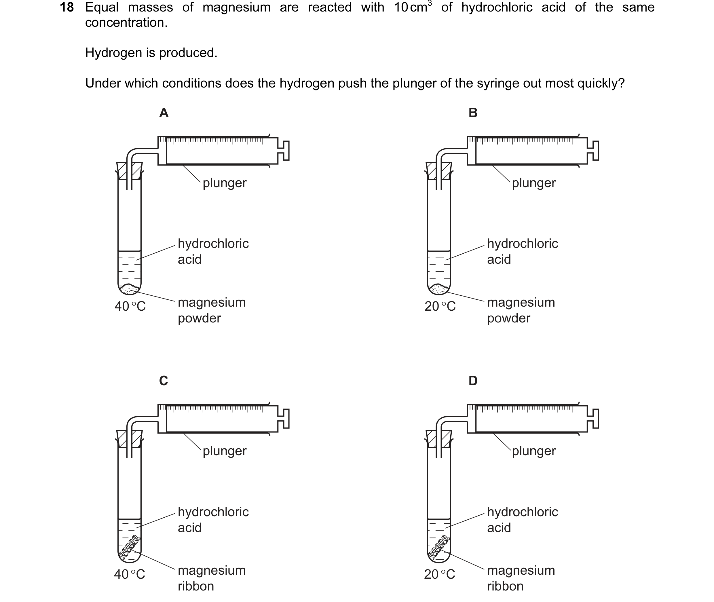 Question 12: Equal masses of magnesium are reacted with 10 cm3 of hydrochloric acid of the same concentration. Hydrogen is produced. Under which conditi…