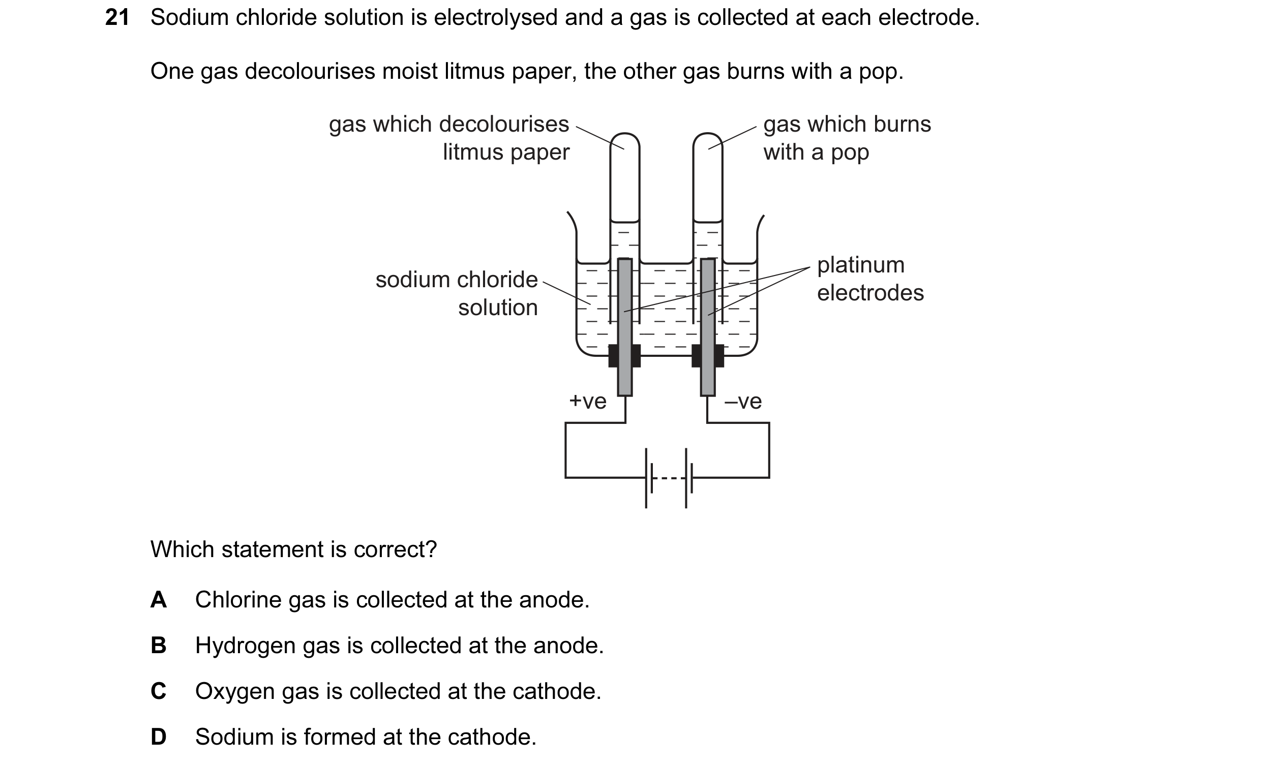 Question 26: Sodium chloride solution is electrolysed and a gas is collected at each electrode. One gas decolourises moist litmus paper, the other gas b…