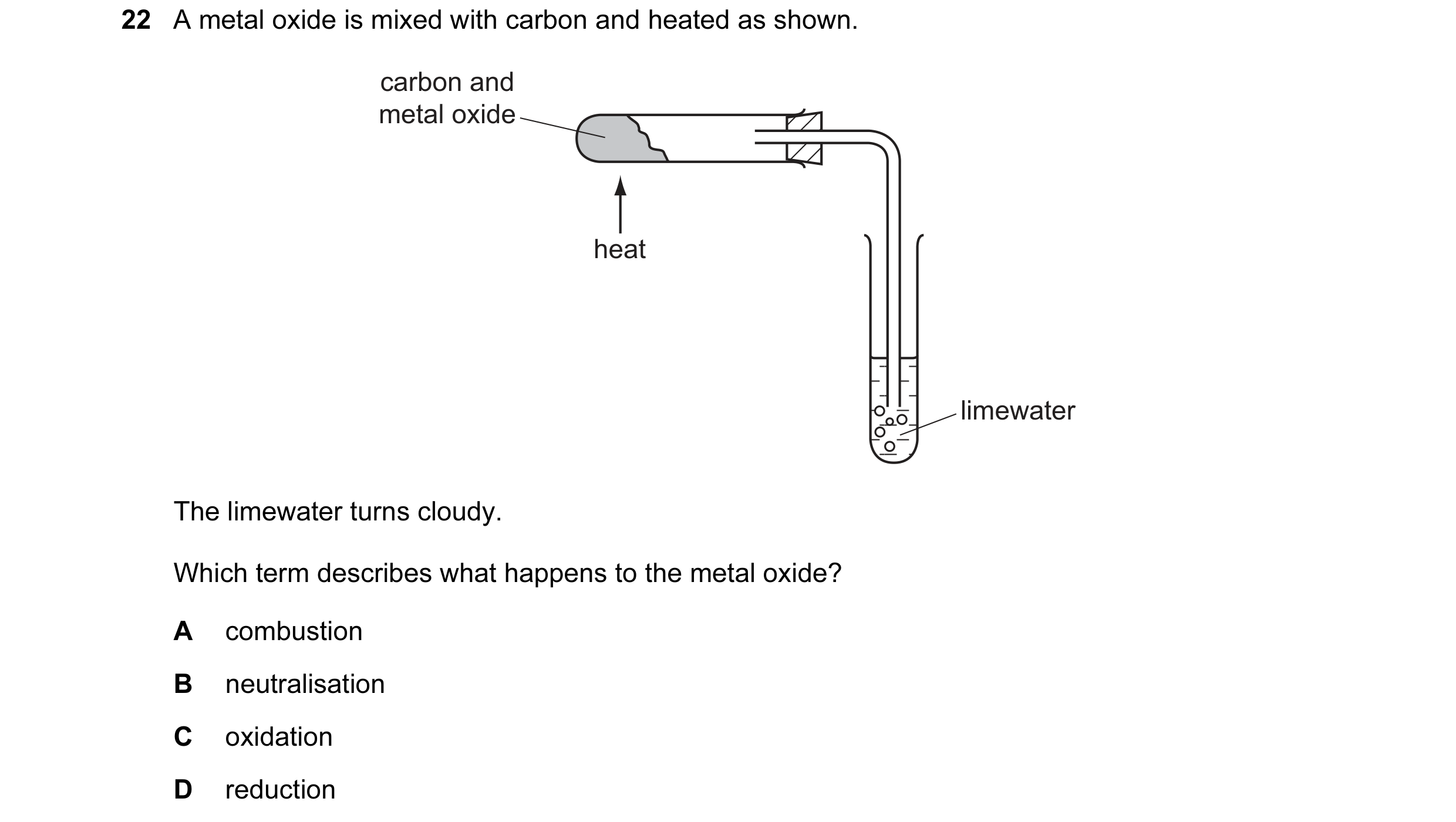 Question 18: A metal oxide is mixed with carbon and heated as shown. carbon and metal oxide heat limewater The limewater turns cloudy. Which term descri…