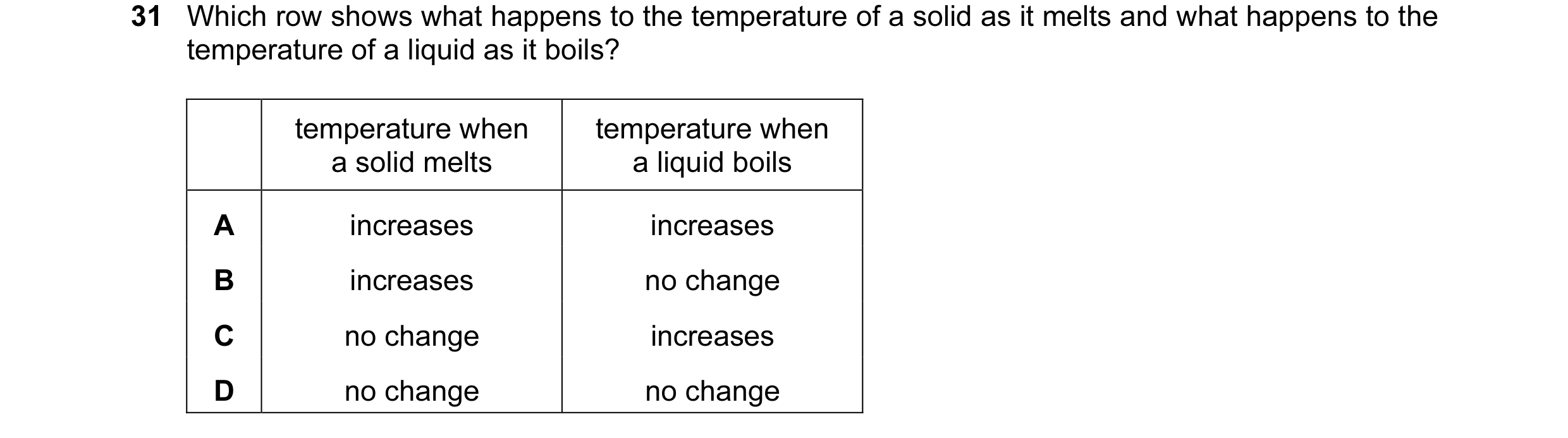 Question 10: Which row shows what happens to the temperature of a solid as it melts and what happens to the temperature of a liquid as it boils? tempera…