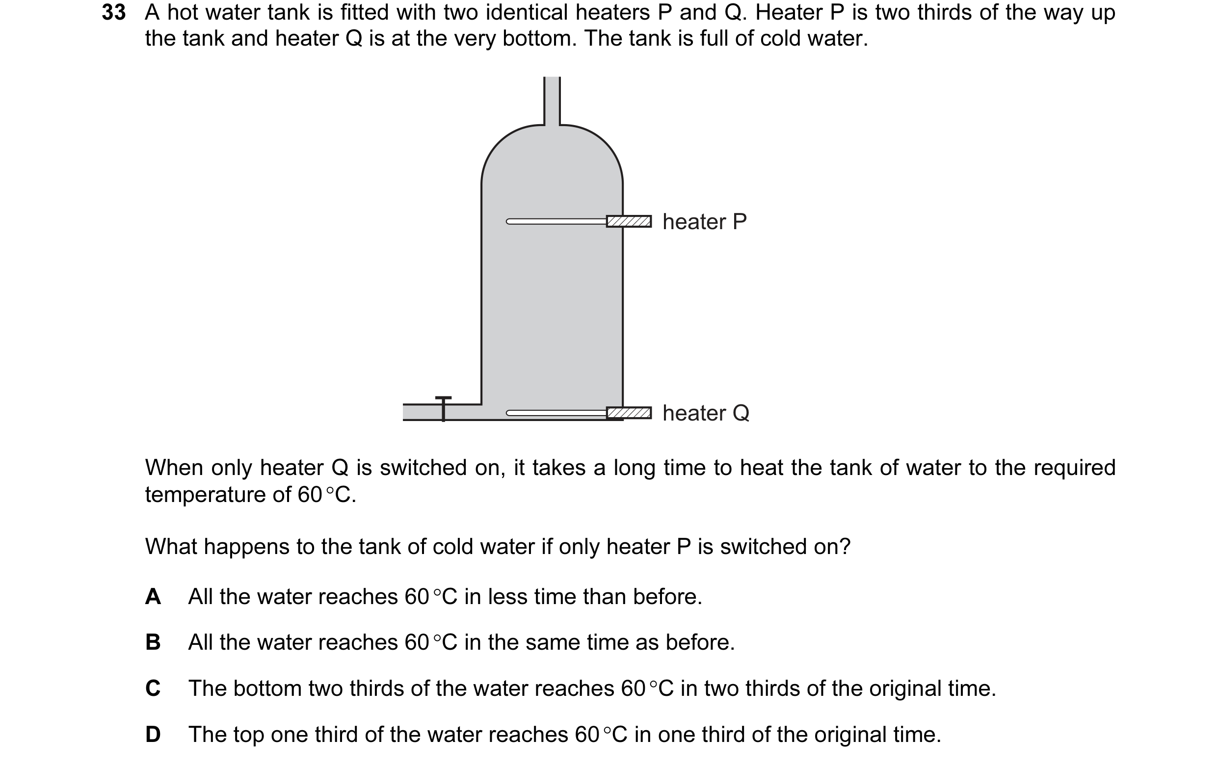 Question 16: A hot water tank is fitted with two identical heaters P and Q. Heater P is two thirds of the way up the tank and heater Q is at the very bo…