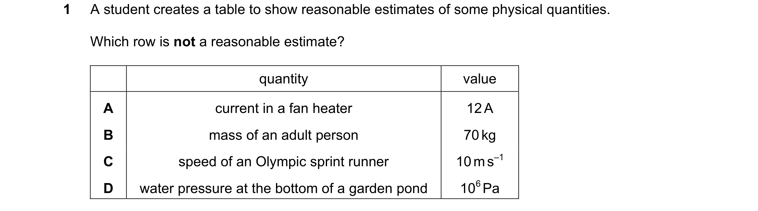Question 54: A student creates a table to show reasonable estimates of some physical quantities. Which row is not a reasonable estimate? quantity value …