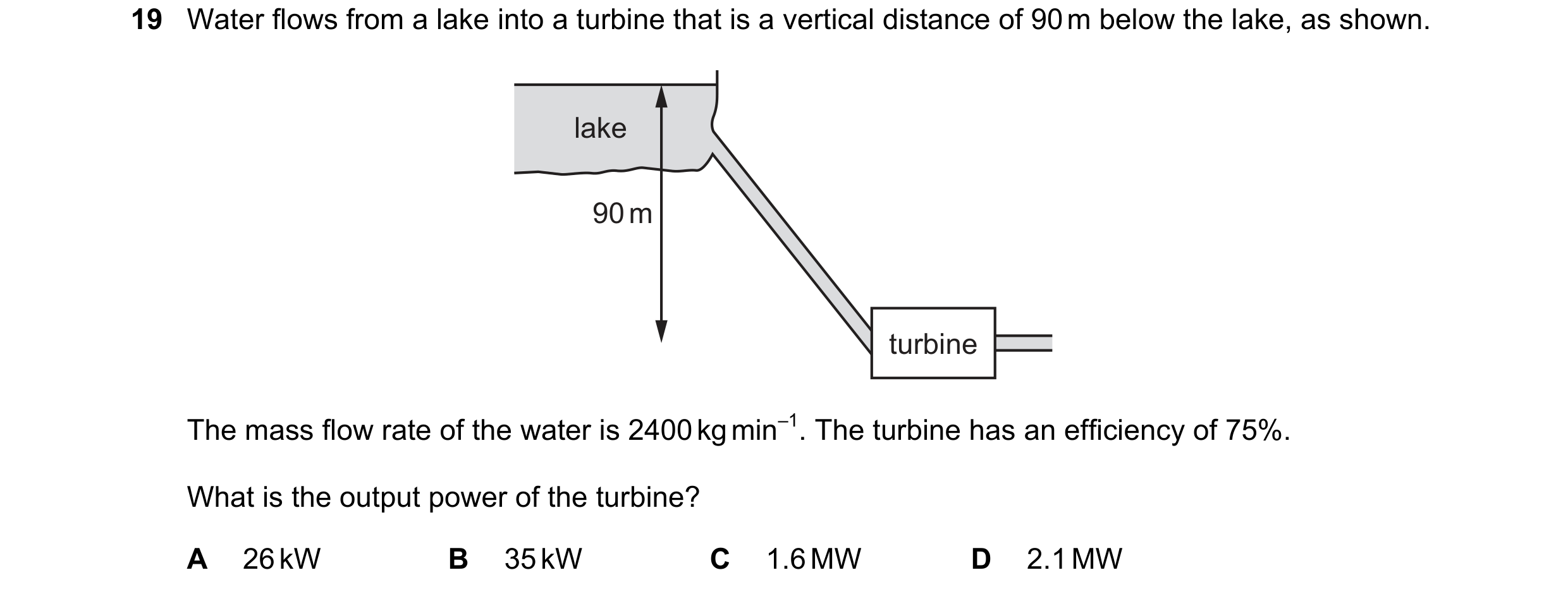 Question 123: Water flows from a lake into a turbine that is a vertical distance of 90 m below the lake, as shown. lake 90 m turbine The mass flow rate o…