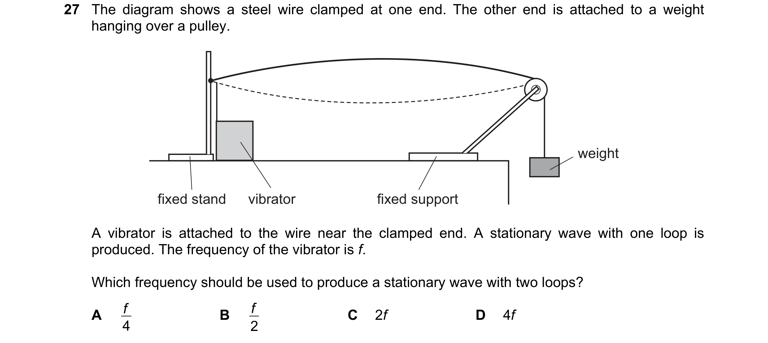 Question 58: The diagram shows a steel wire clamped at one end. The other end is attached to a weight hanging over a pulley. weight fixed stand vibrator…