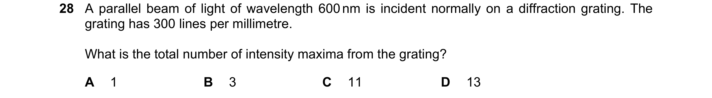Question 30: A parallel beam of light of wavelength 600 nm is incident normally on a diffraction grating. The grating has 300 lines per millimetre. What…