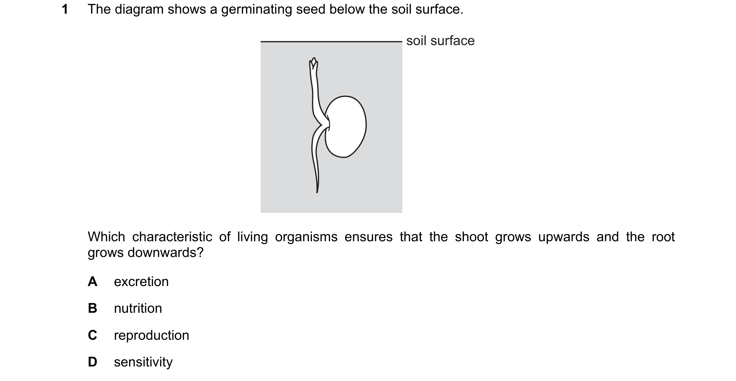 Question 66: The diagram shows a germinating seed below the soil surface. soil surface Which characteristic of living organisms ensures that the shoot g…
