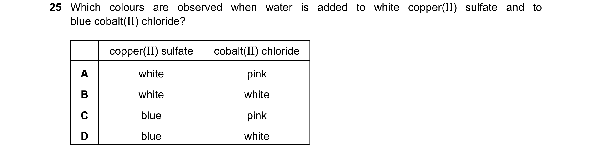Question 44: Which colours are observed when water is added to white copper(II) sulfate and to blue cobalt(II) chloride? copper(II) sulfate cobalt(II) c…