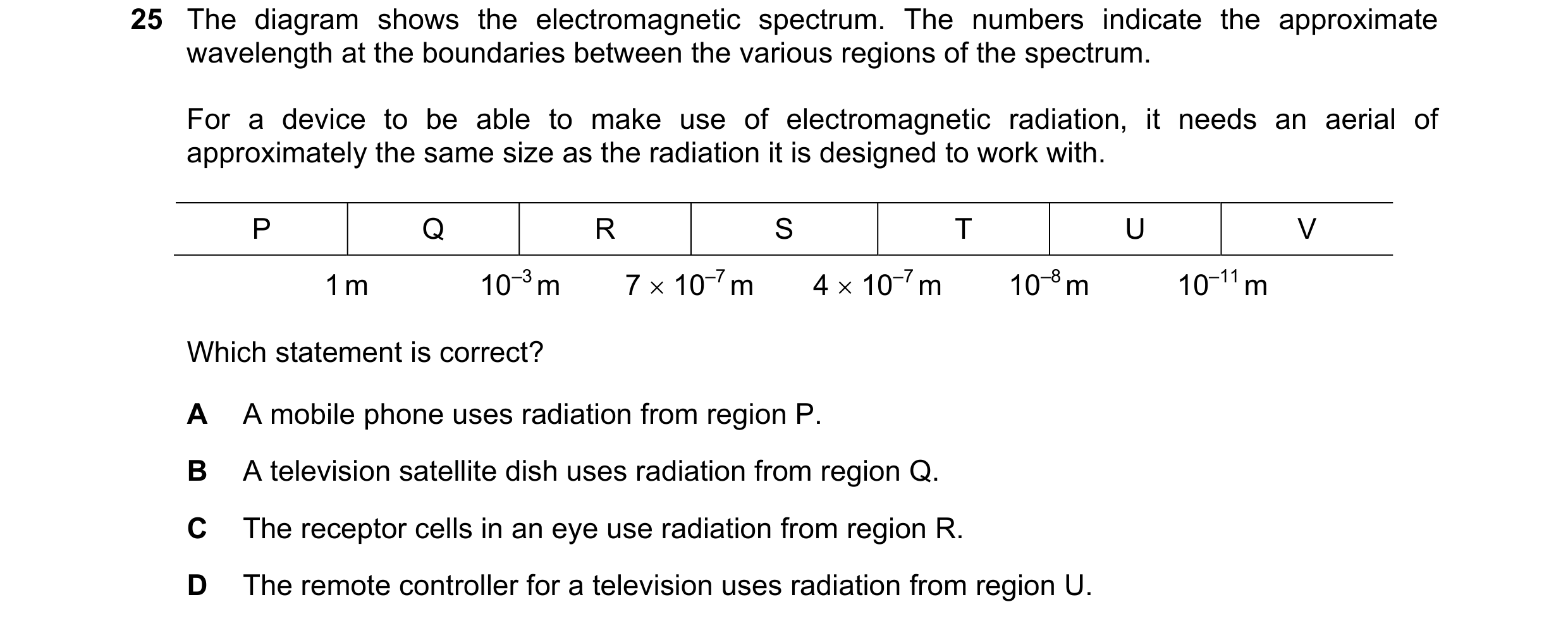 Question 1: The diagram shows the electromagnetic spectrum. The numbers indicate the approximate wavelength at the boundaries between the various regio…