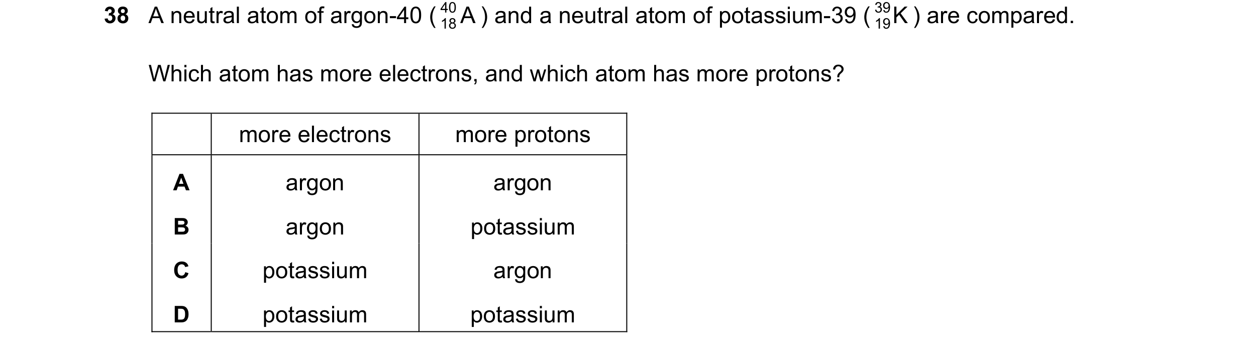 Question 2: A neutral atom of argon-40 ( 40 A ) and a neutral atom of potassium-39 ( 39 K ) are compared. 18 19 Which atom has more electrons, and whic…