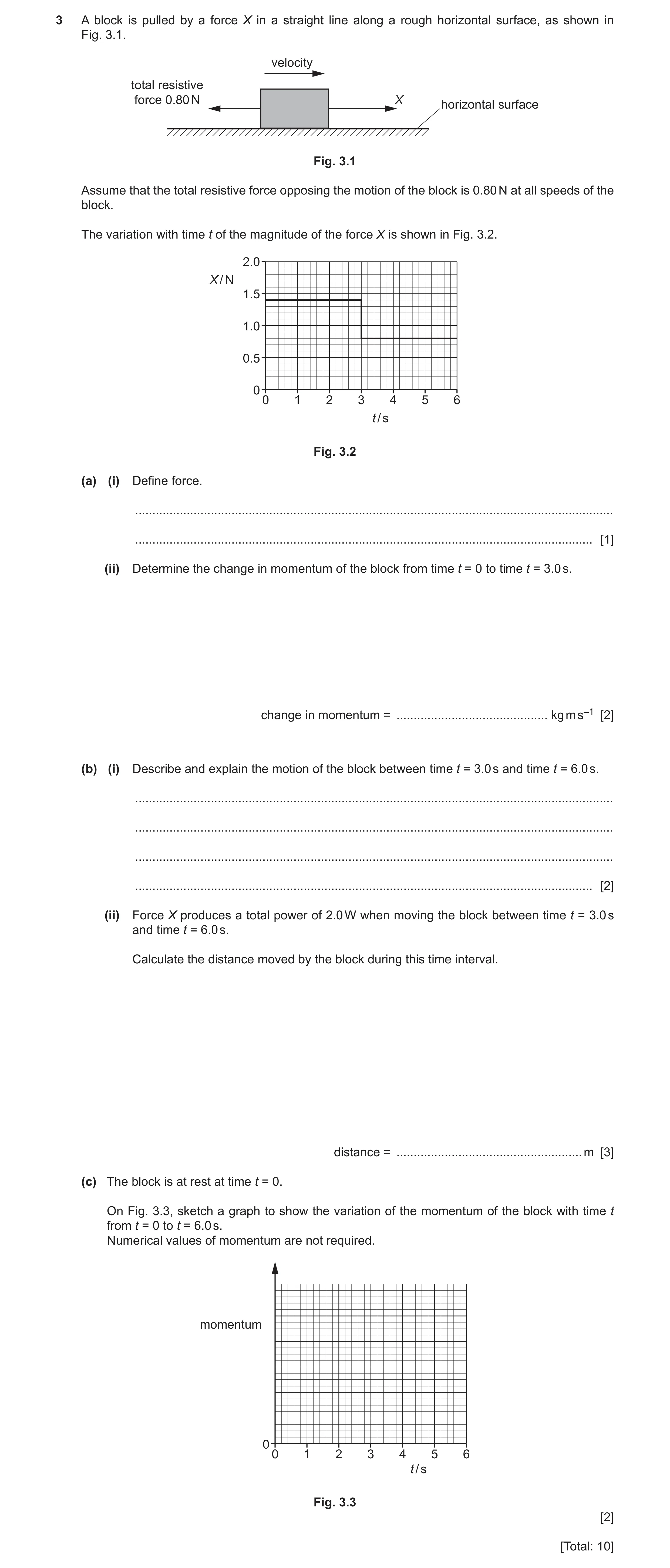 Question 36: A block is pulled by a force X in a straight line along a rough horizontal surface, as shown in Fig. 3.1. velocity total resistive force 0.…