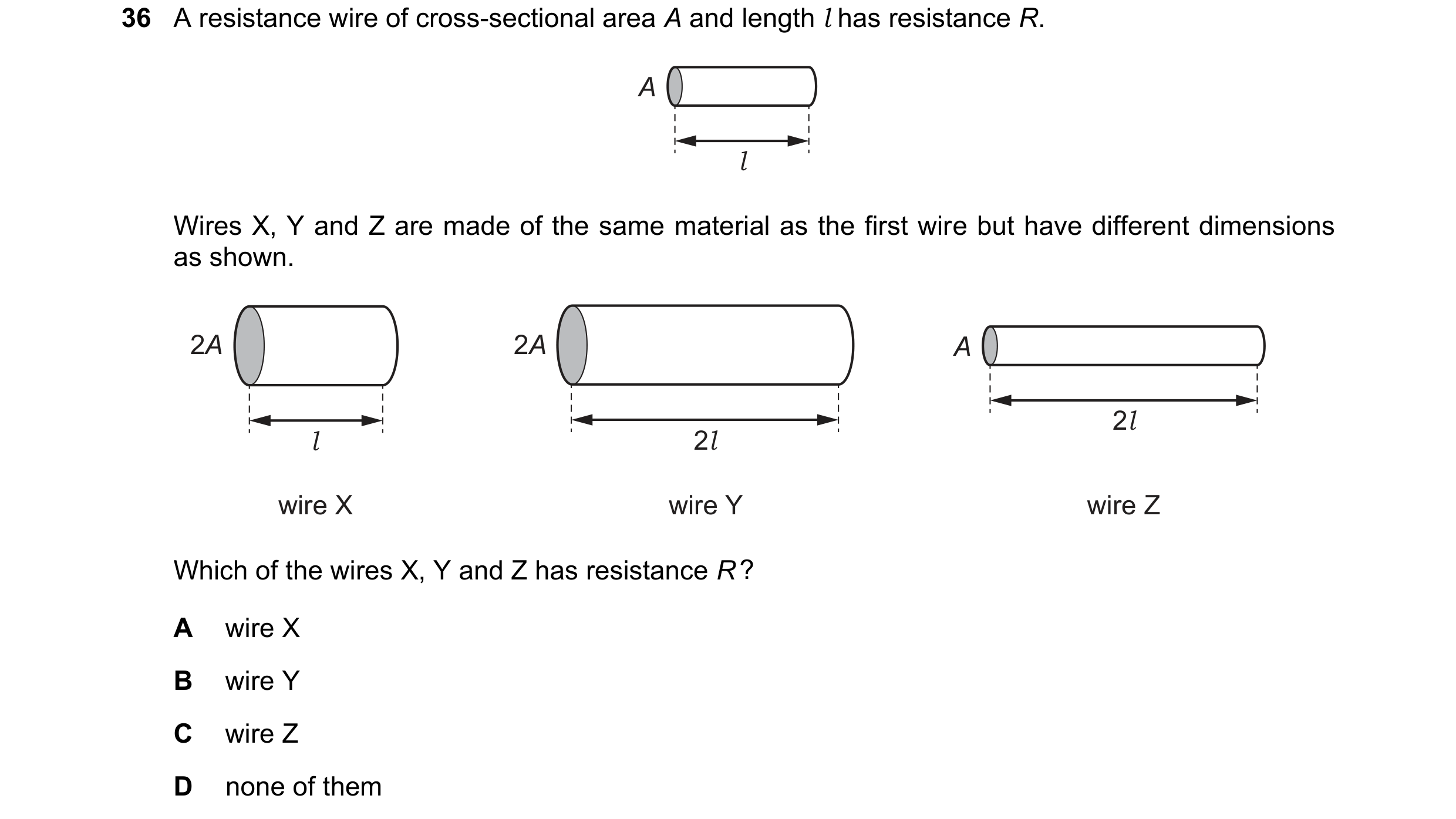 Question 12: A resistance wire of cross-sectional area A and length l has resistance R. A l Wires X, Y and Z are made of the same material as the first …