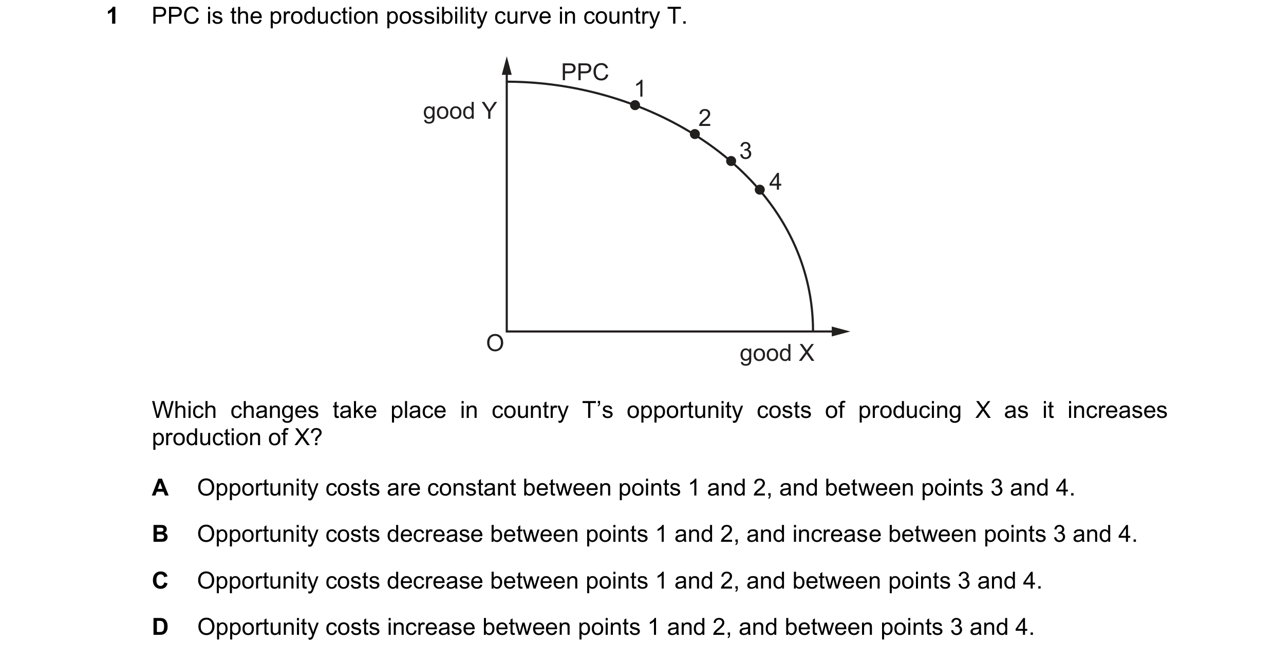 Question 129: PPC is the production possibility curve in country T. PPC 1 good Y 2 3 4 O good X Which changes take place in country T’s opportunity costs…