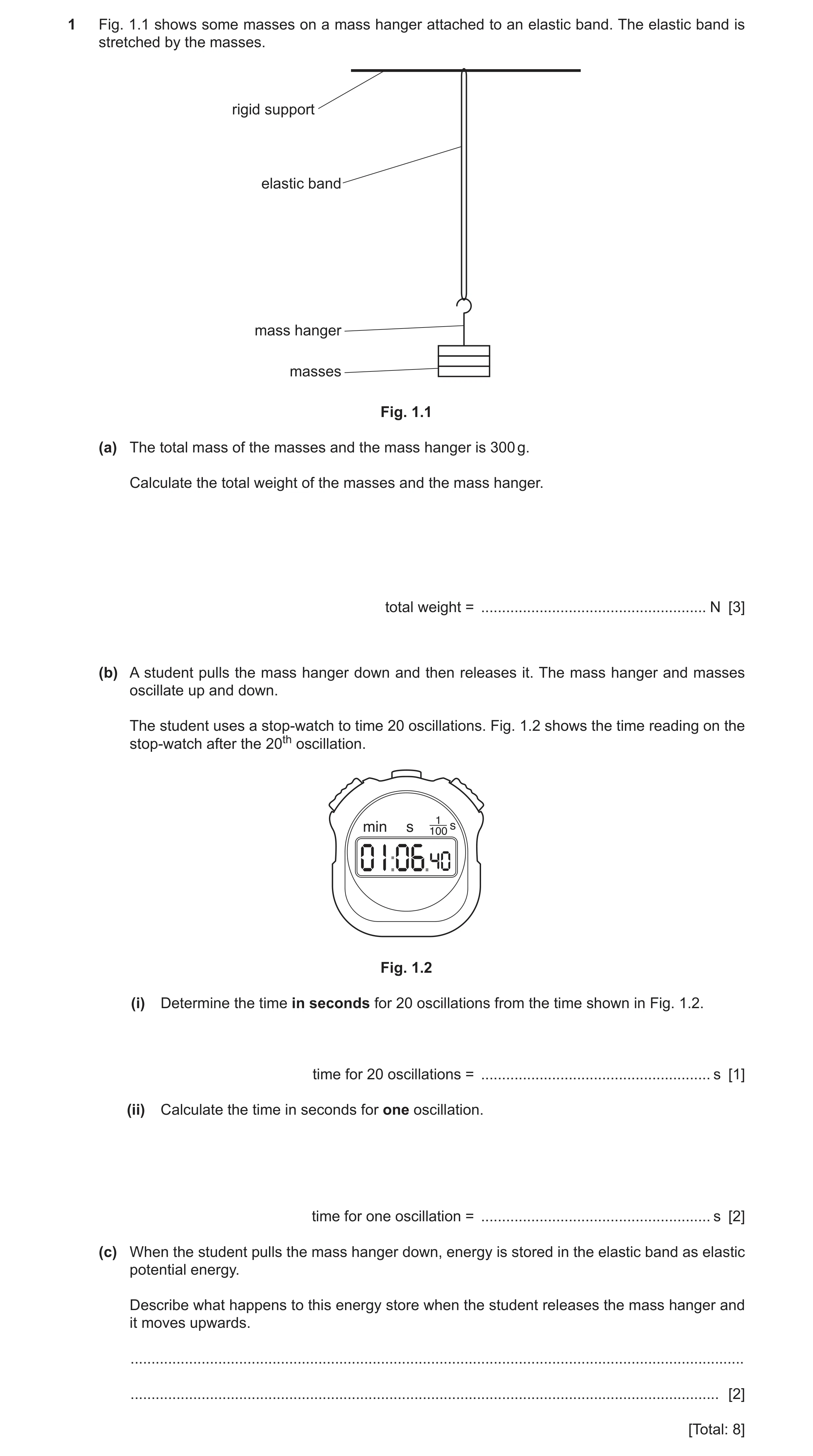 Question 40: Fig. 1.1 shows some masses on a mass hanger attached to an elastic band. The elastic band is stretched by the masses. rigid support elastic…