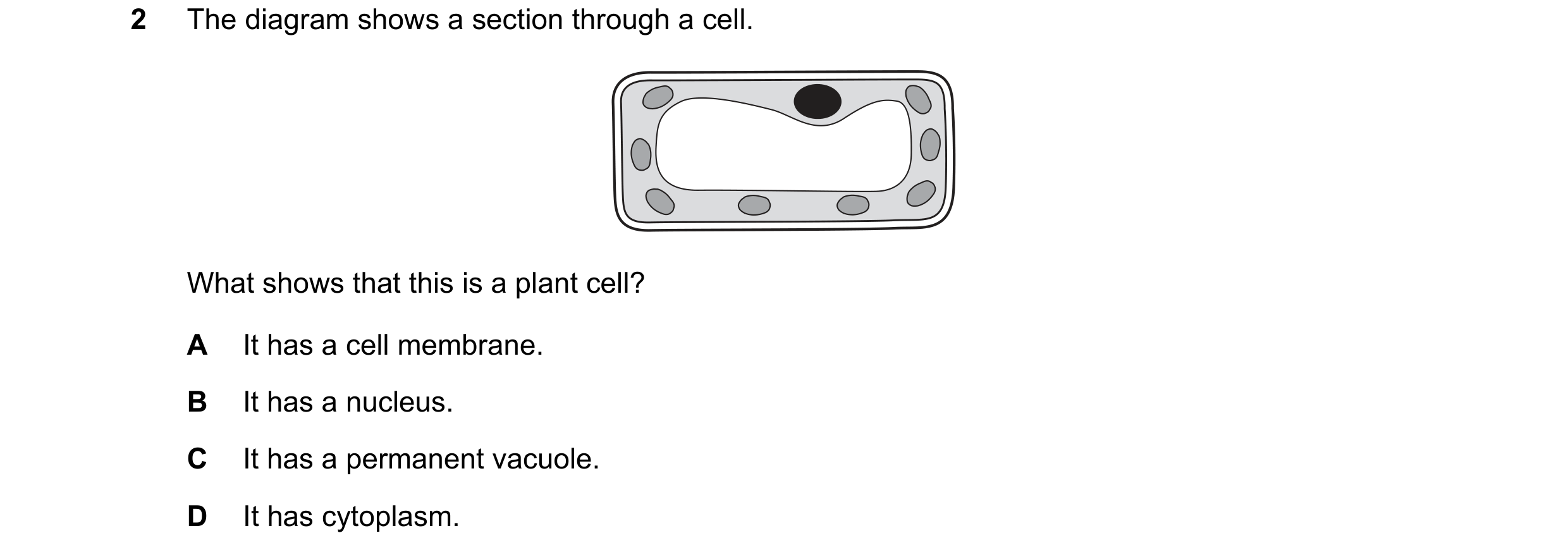 Question 43: The diagram shows a section through a cell. What shows that this is a plant cell? A It has a cell membrane. B It has a nucleus. C It has a …