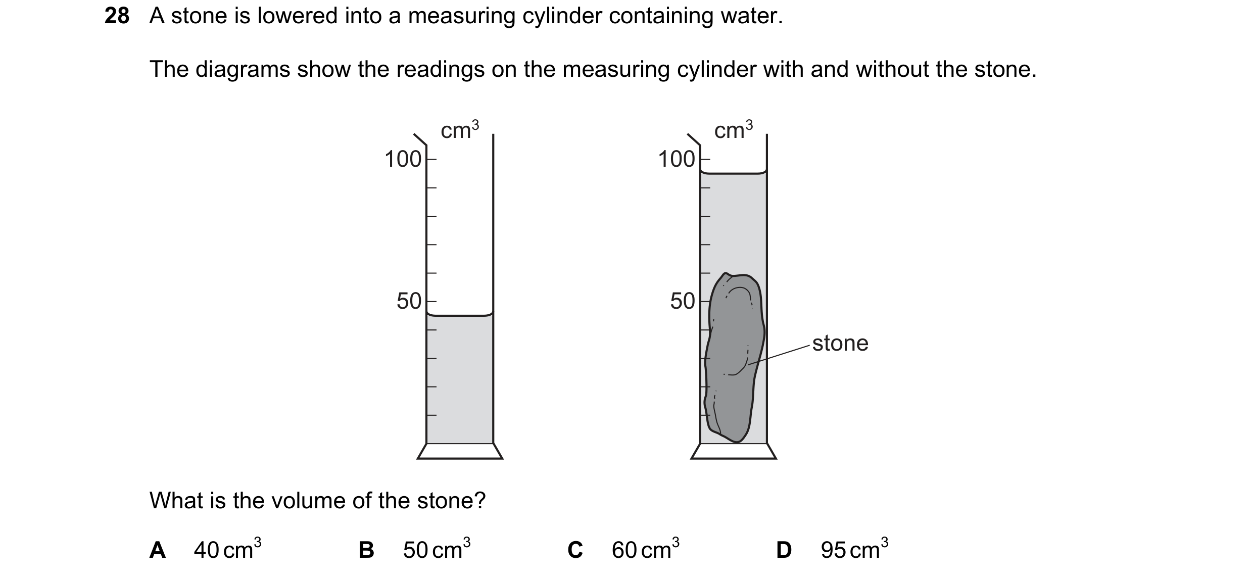 Question 17: A stone is lowered into a measuring cylinder containing water. The diagrams show the readings on the measuring cylinder with and without th…