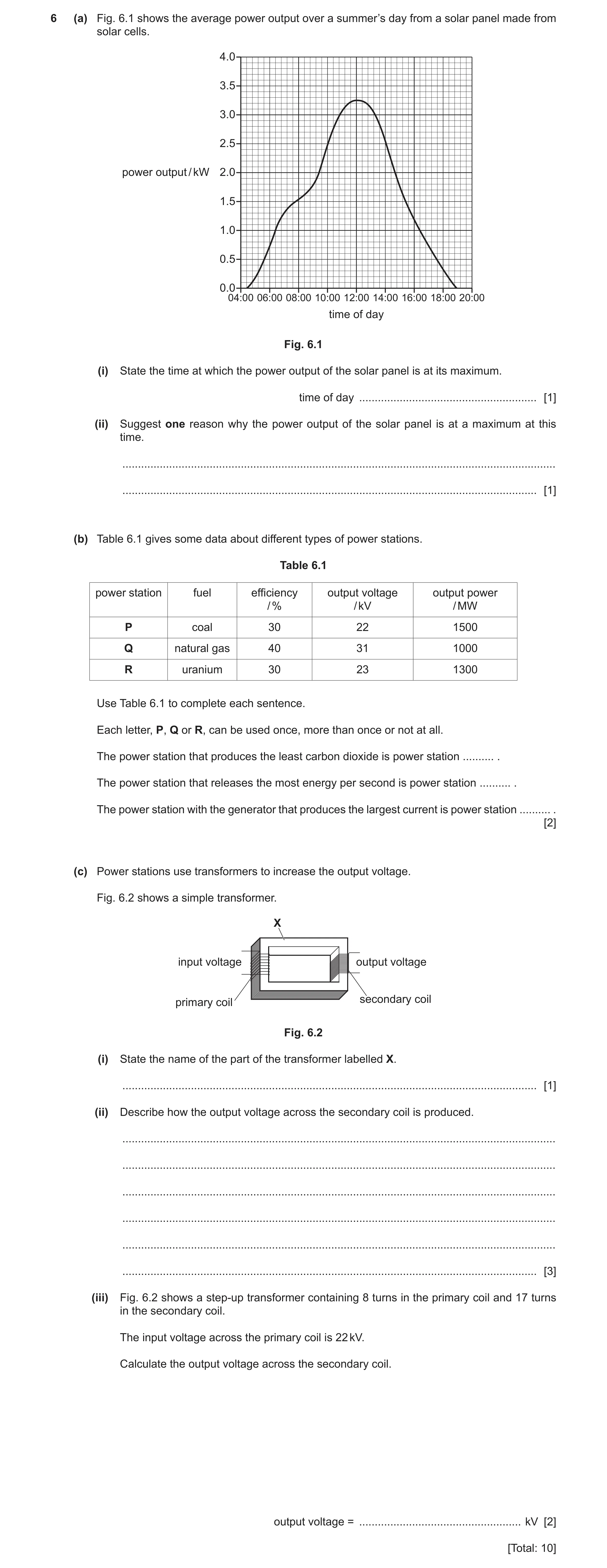 Question 29: (a) Fig. 6.1 shows the average power output over a summer’s day from a solar panel made from solar cells. 4.0 3.5 3.0 2.5 power output / kW…