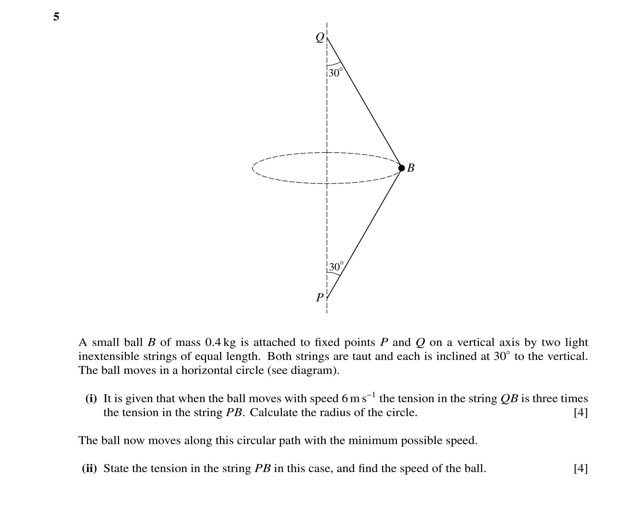 Question 33: Q 30° B 30° P A small ball B of mass 0.4 kg is attached to fixed points P and Q on a vertical axis by two light inextensible strings of equa…