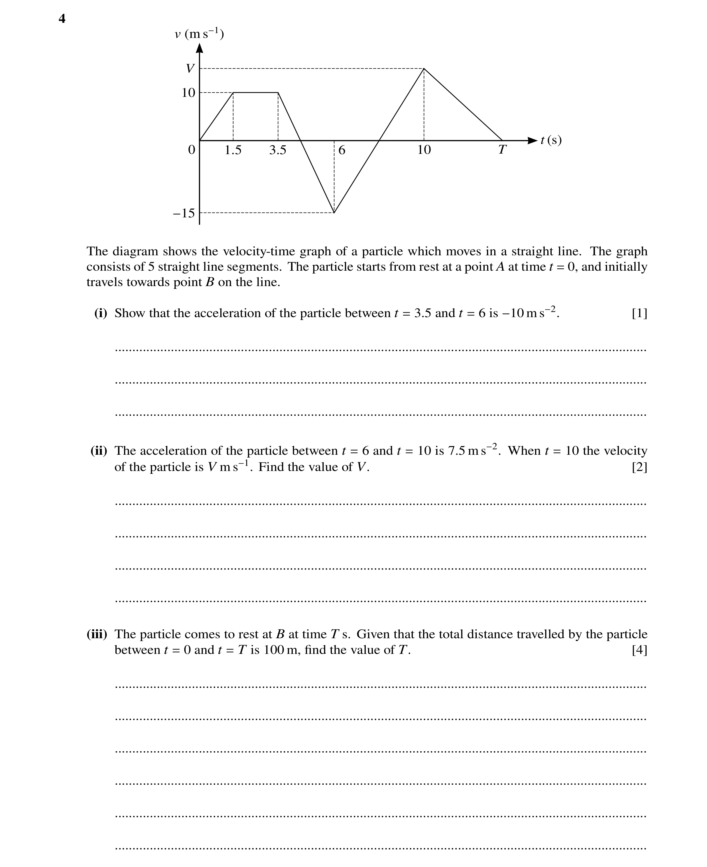 Question 171: v (m s−1) V 10 t (s) 0 1.5 3.5 6 10 T −15 The diagram shows the velocity-time graph of a particle which moves in a straight line. The graph…