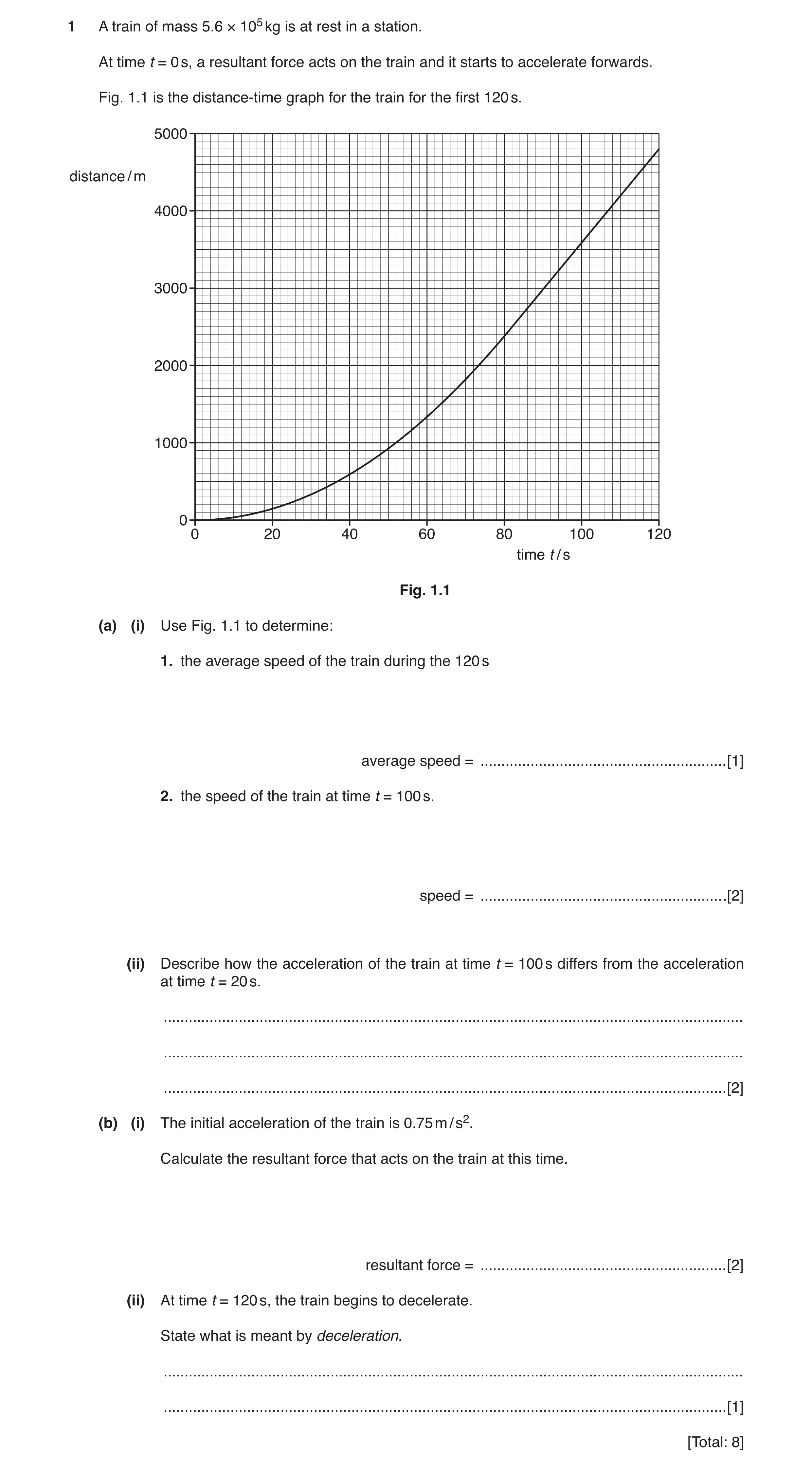 Question 10: A train of mass 5.6 × 105 kg is at rest in a station. At time t = 0 s, a resultant force acts on the train and it starts to accelerate forw…