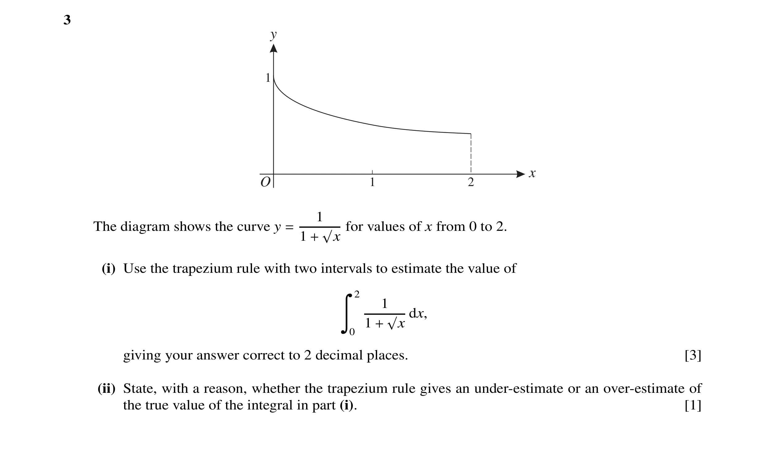 Question 10: y 1 x O 1 2 1 The diagram shows the curve y for values of x from 0 to 2. 1 = √x + (i) Use the trapezium rule with two intervals to estimate…