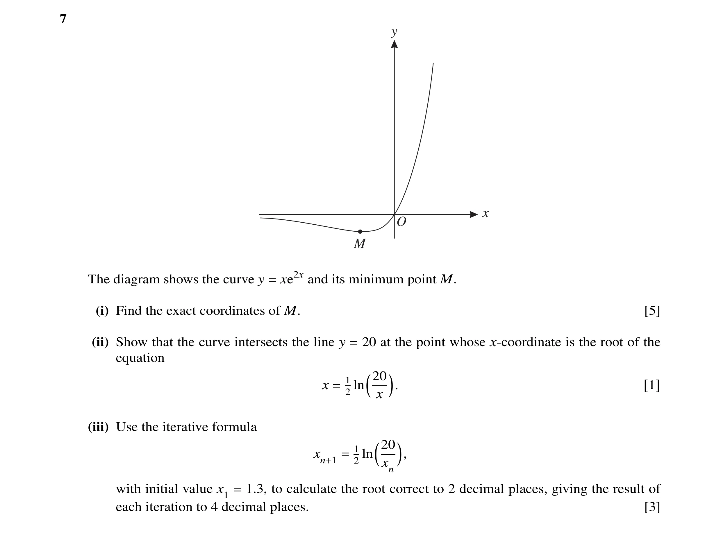 Question 6: y x O M The diagram shows the curve y xe2x and its minimum point M. = (i) Find the exact coordinates of M. [5] (ii) Show that the curve int…