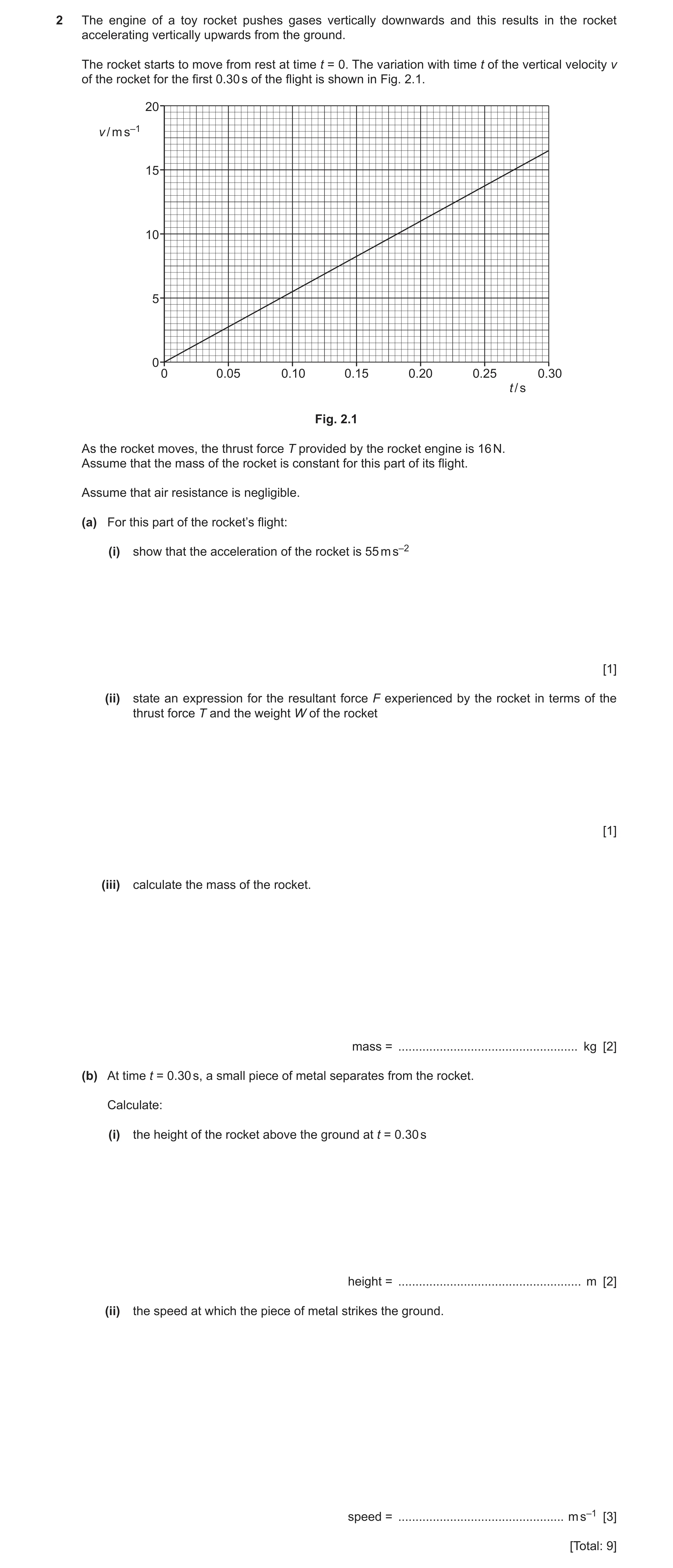 Question 33: The engine of a toy rocket pushes gases vertically downwards and this results in the rocket accelerating vertically upwards from the ground…