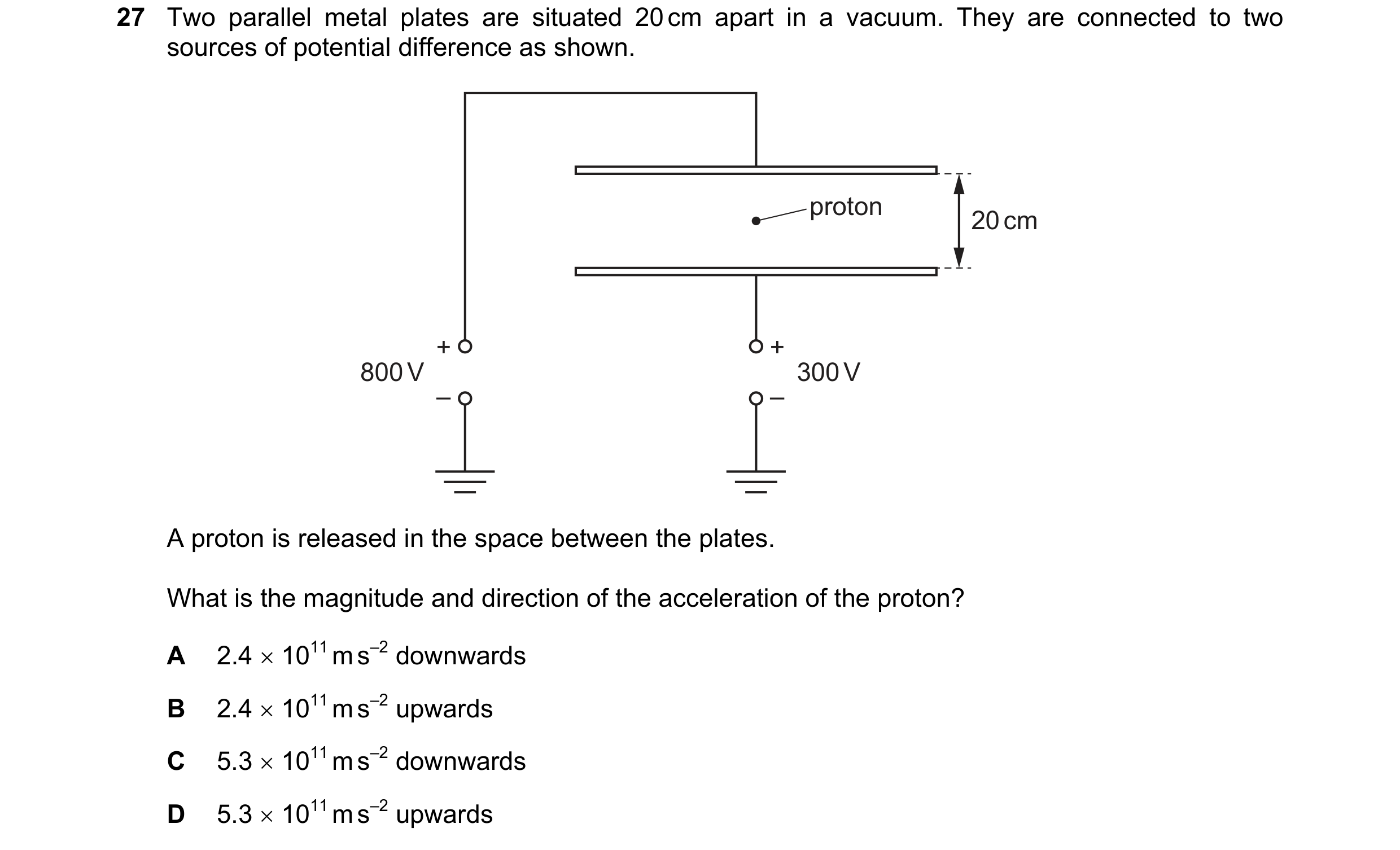 Question 104: Two parallel metal plates are situated 20 cm apart in a vacuum. They are connected to two sources of potential difference as shown. proton …
