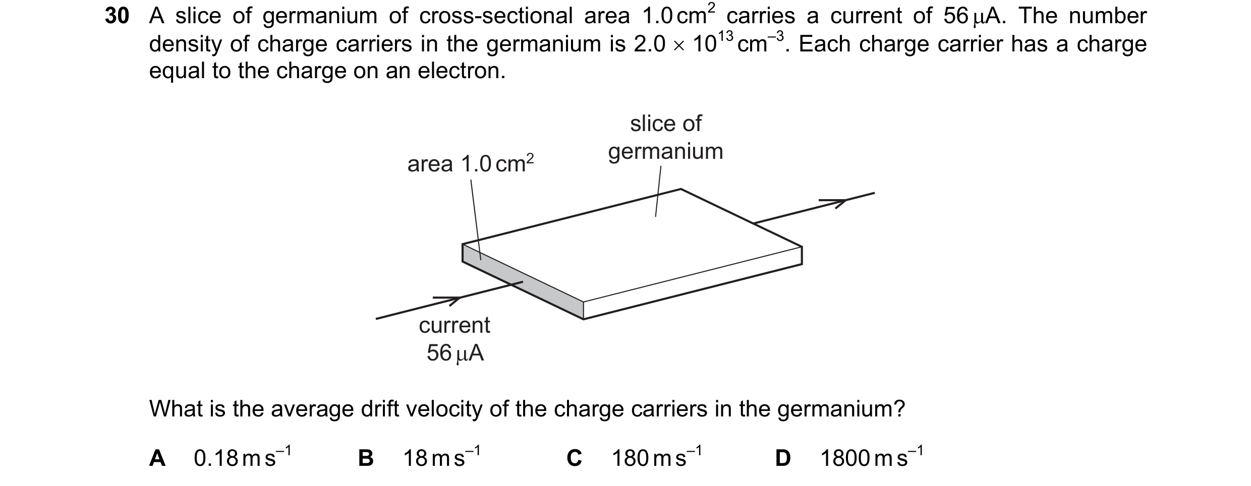 Question 49: A slice of germanium of cross-sectional area 1.0 cm2 carries a current of 56 µA. The number density of charge carriers in the germanium is …