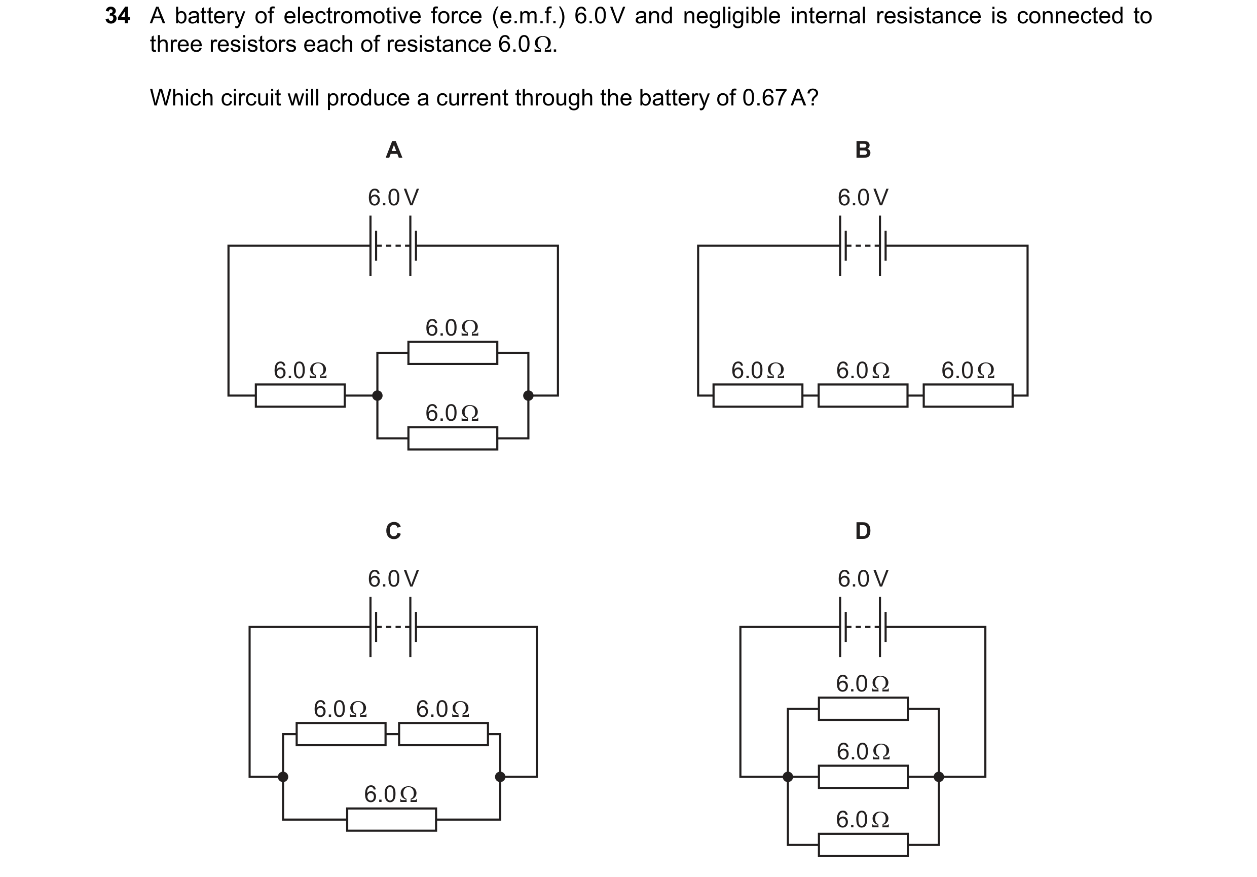 Question 133: A battery of electromotive force (e.m.f.) 6.0 V and negligible internal resistance is connected to three resistors each of resistance 6.0 Ω…