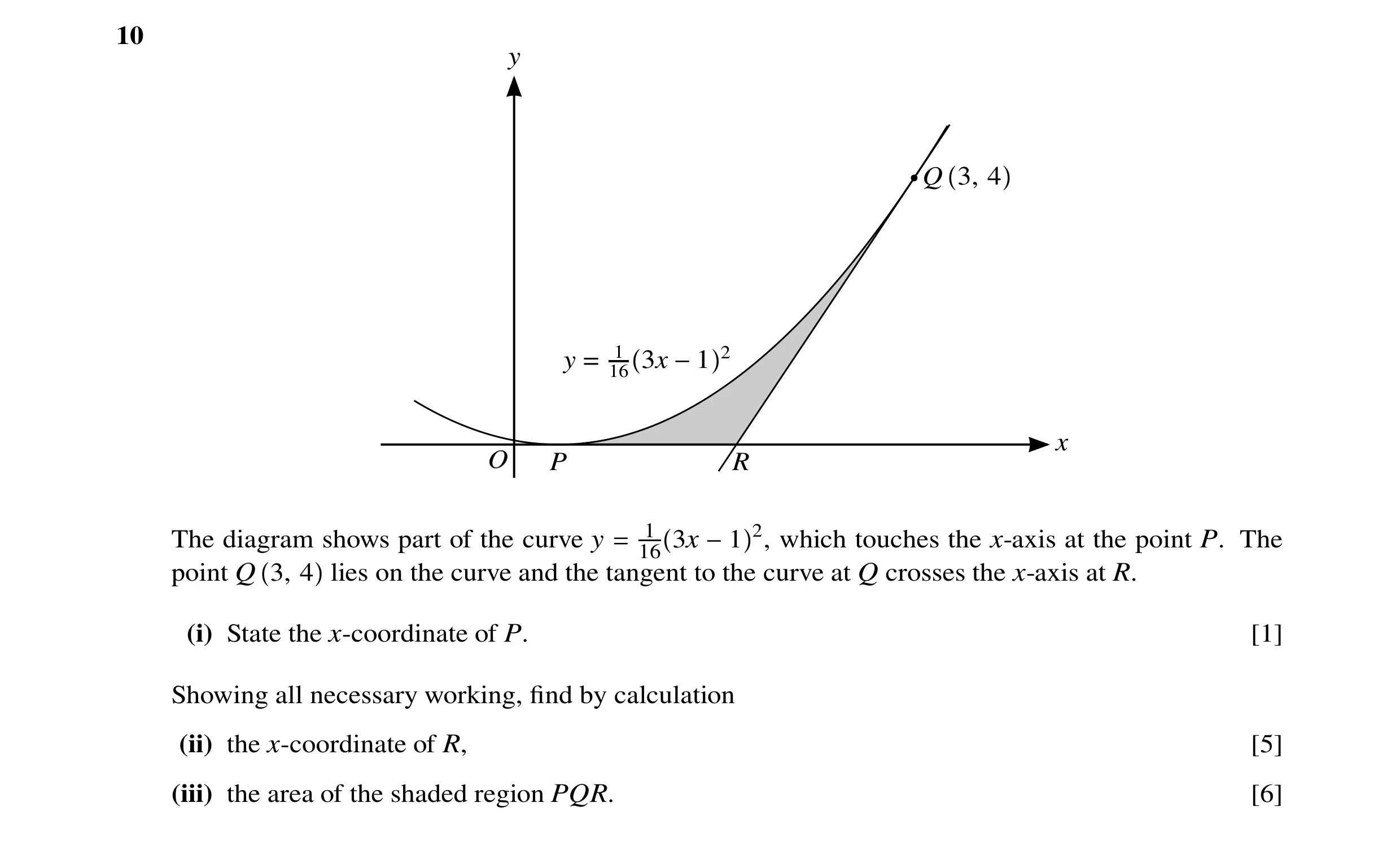 Question 25: y Q 3, 4 y = 161 3x −1 2 x O P R The diagram shows part of the curve y = 1 3x −1 2, which touches the x-axis at the point P. The 16 point Q…
